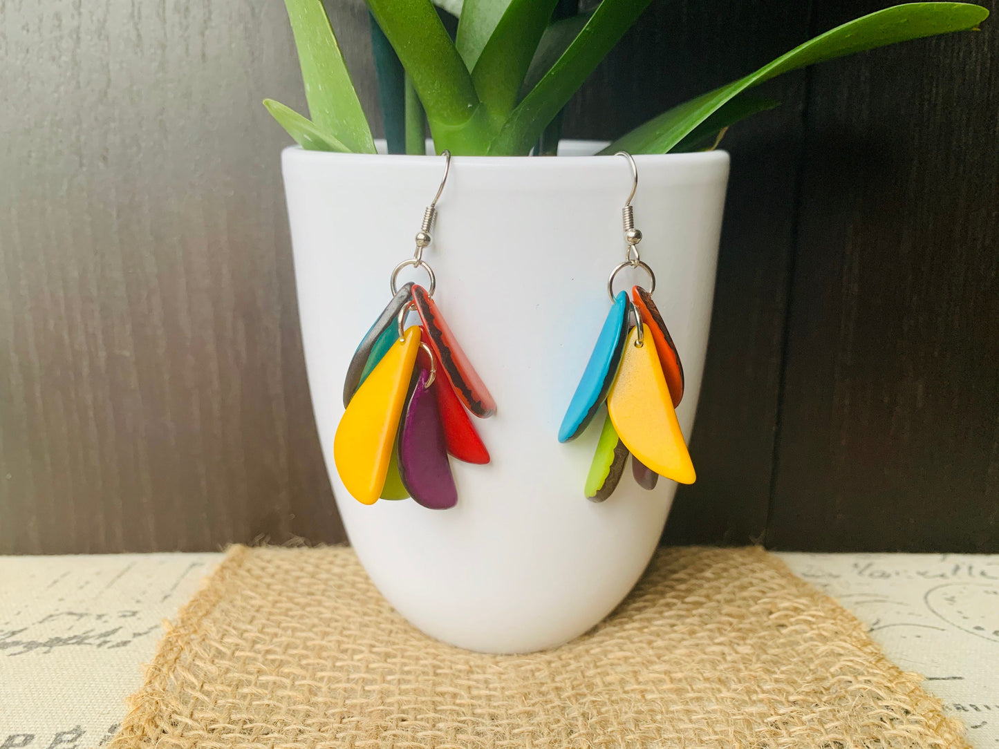 Rainbow Tagua Nut Dangle Earrings, Colorful Boho Fashion, Hypoallergenic Drop Earrings