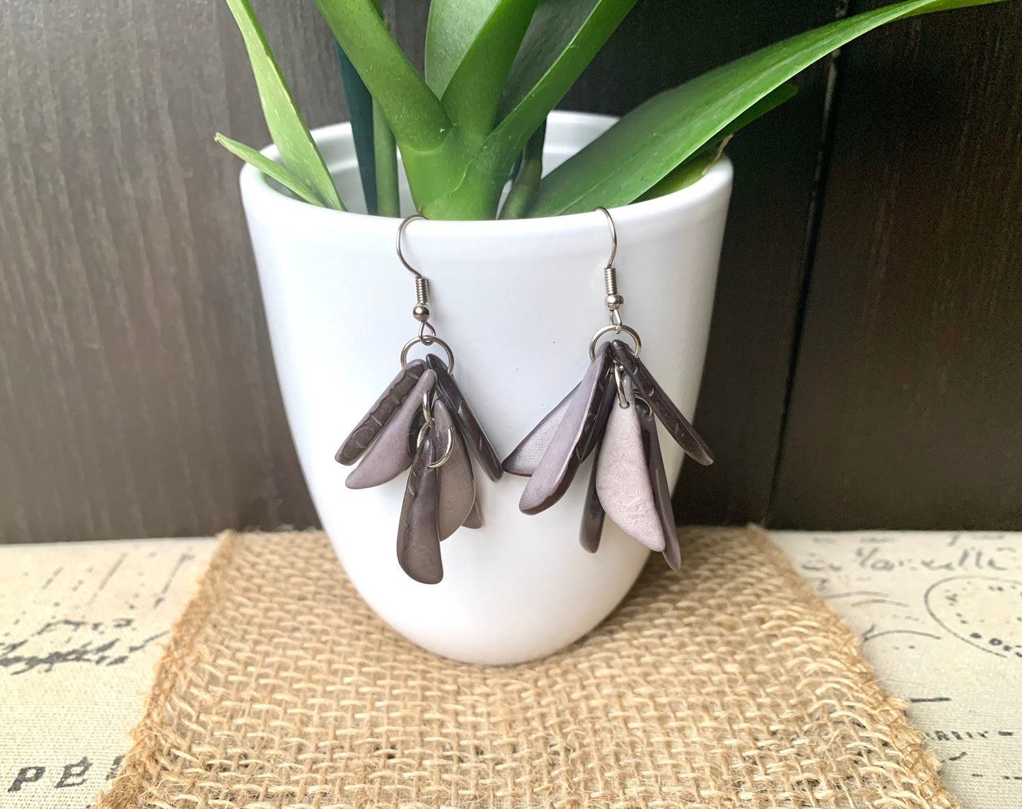 Gray bold dangle earrings Extra chunky tagua earrings Casual trendy drops Mother’s Day gifts Hupoallergenic lightweight earrings Beach trend