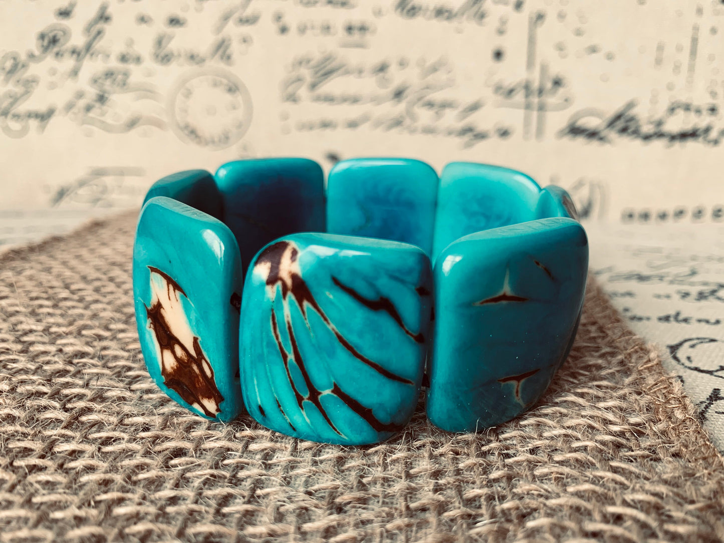 Turquoise blue huge statement bracelet Tagua jewelry Beaded stretch bangle Cuff bracelets Oversized beads Fall fashion trends Gift for her