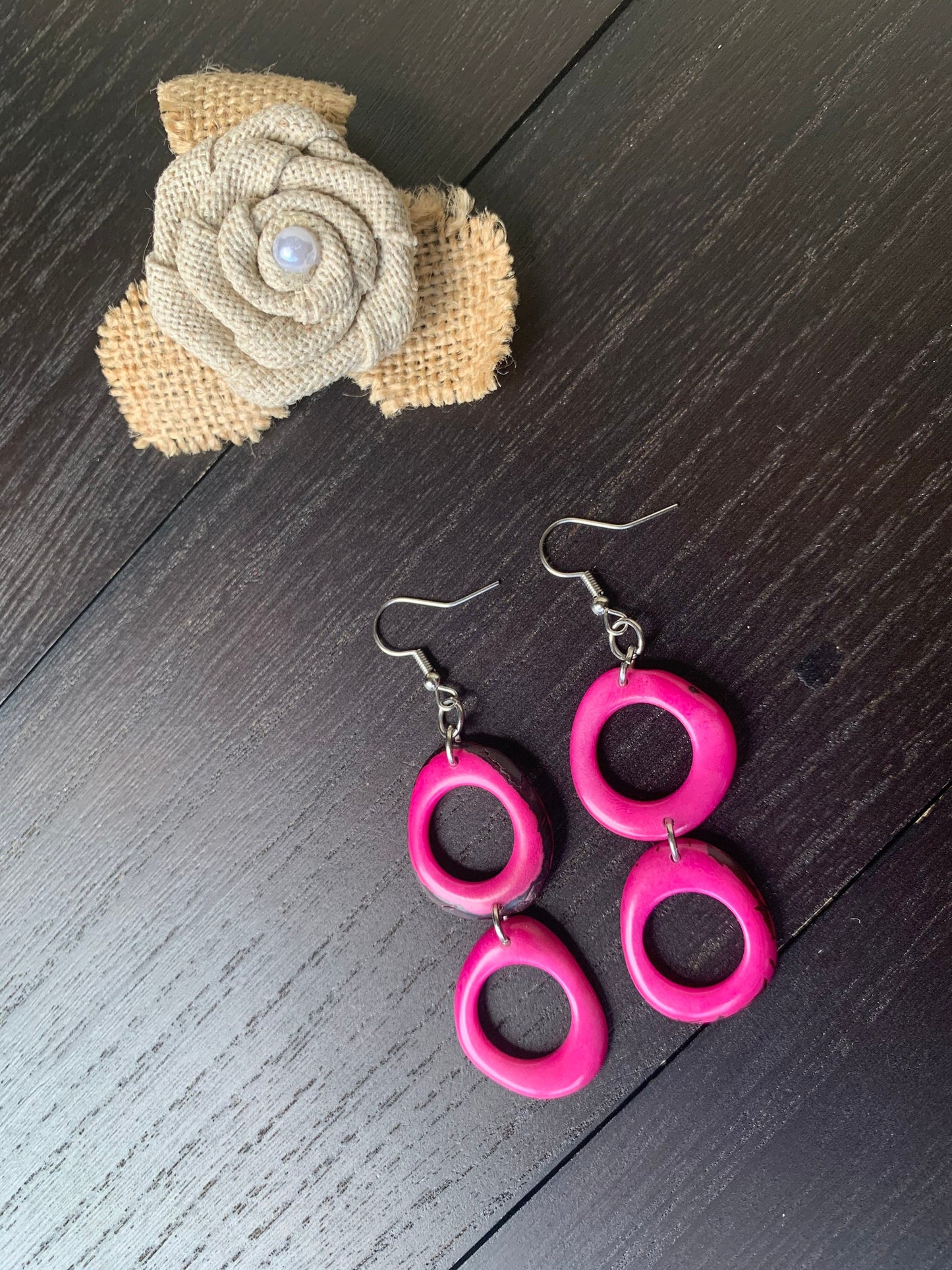 Hot pink extra long dangle fashion earrings Tagua nut jewelry Statement drops Boho mod hoops Anniversary gifts for wife Handmade beaded