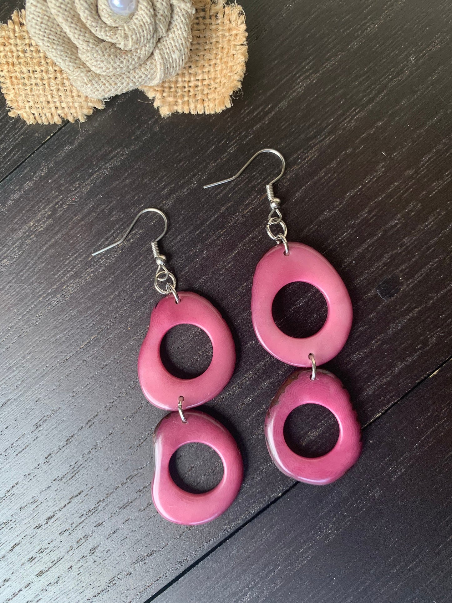 Mauve extra long dangle fashion earrings Tagua nut jewelry Statement drop earrings Easter basket gifts Mothers day gifts Hypoallergenic