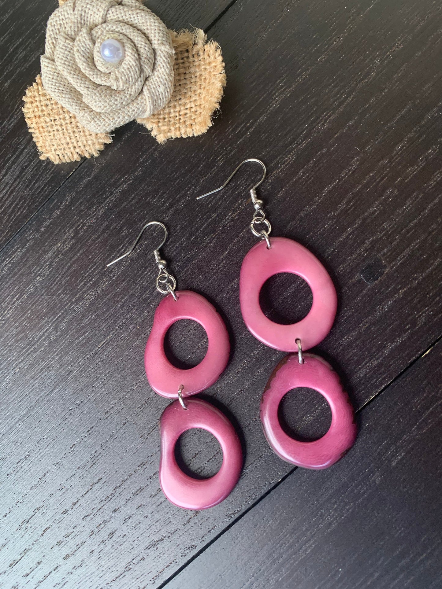 Mauve extra long dangle fashion earrings Tagua nut jewelry Statement drop earrings Easter basket gifts Mothers day gifts Hypoallergenic