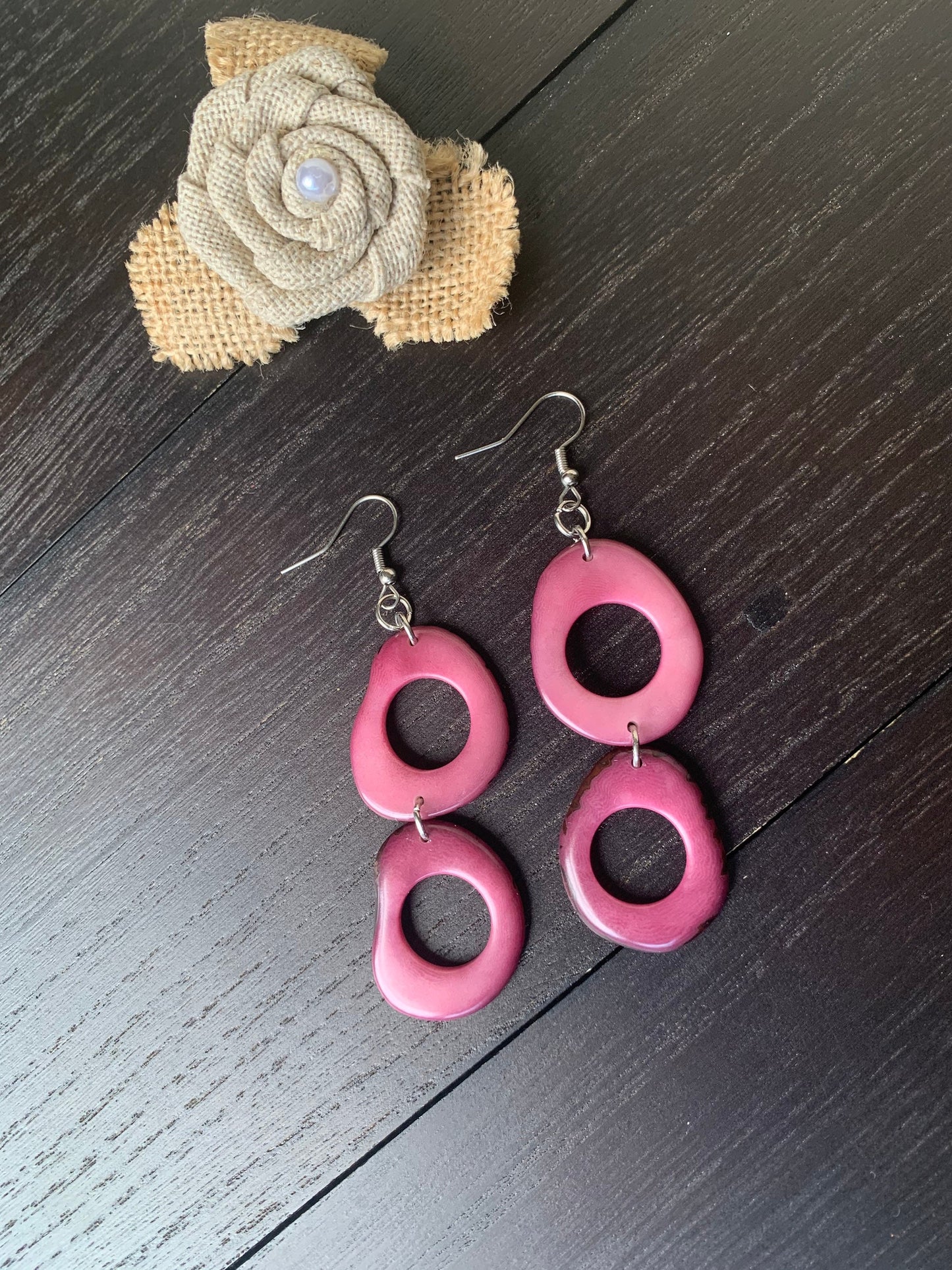 Mauve extra long dangle fashion earrings Tagua nut jewelry Statement drop earrings Easter basket gifts Mothers day gifts Hypoallergenic