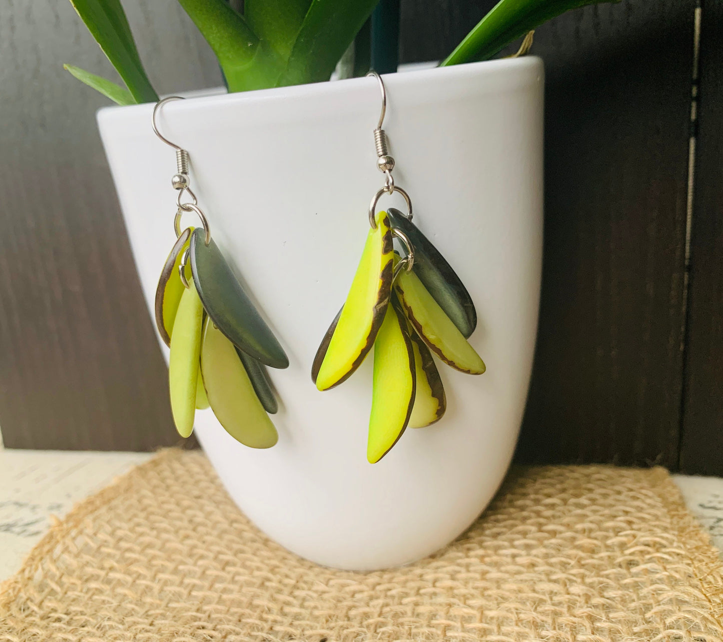 Green statement drop earrings Big chunky earrings Tagua nut earrings Fashion jewelry Casual trendy drops Wearable art Leaf earrings