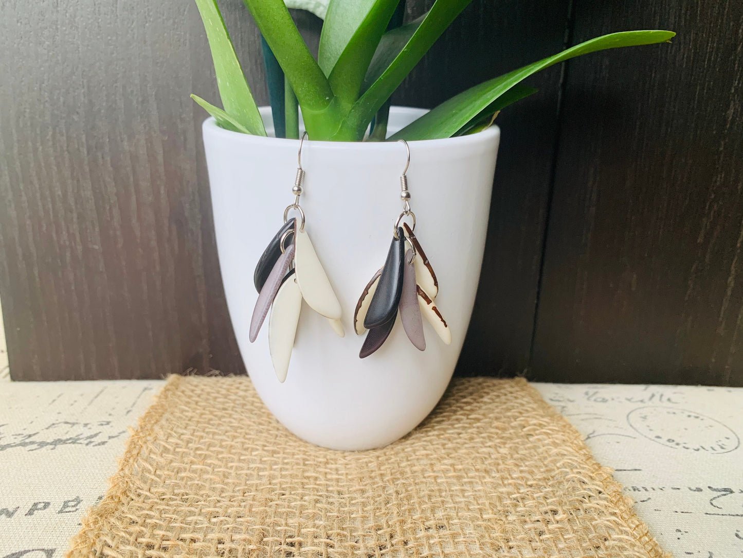 Black white and gray fashion earrings Extra chunky tagua earrings beaded Fall fashion trends Wearable art Dangle and drop earrings