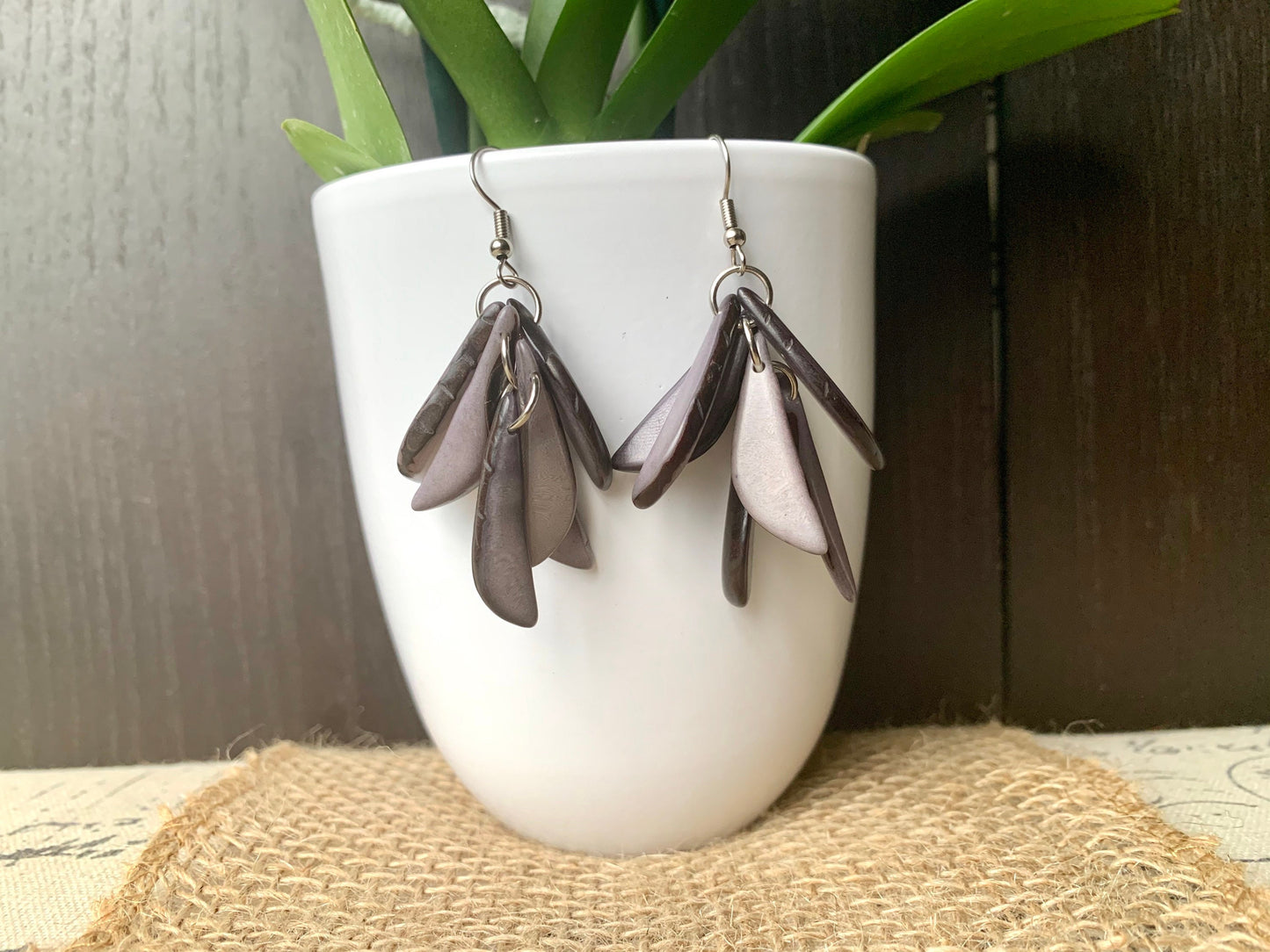 Gray bold dangle earrings Extra chunky tagua earrings Casual trendy drops Mother’s Day gifts Hupoallergenic lightweight earrings Beach trend