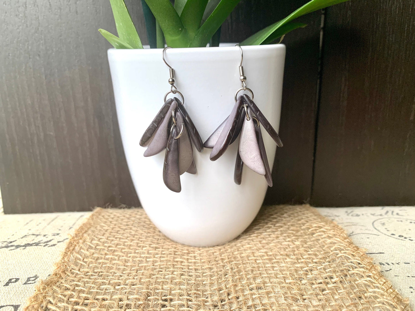 Gray bold dangle earrings Extra chunky tagua earrings Casual trendy drops Mother’s Day gifts Hupoallergenic lightweight earrings Beach trend