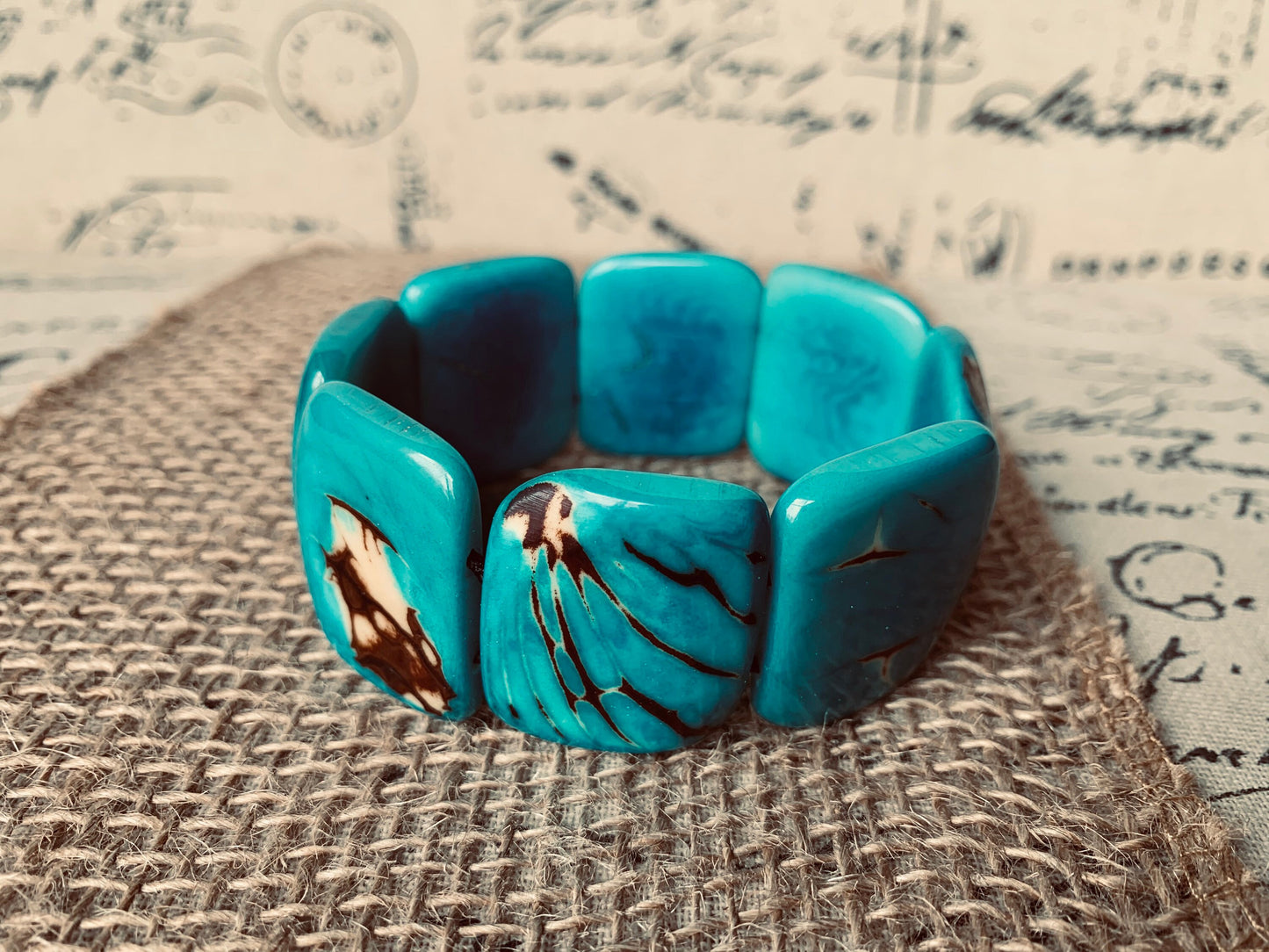 Turquoise blue huge statement bracelet Tagua jewelry Beaded stretch bangle Cuff bracelets Oversized beads Fall fashion trends Gift for her