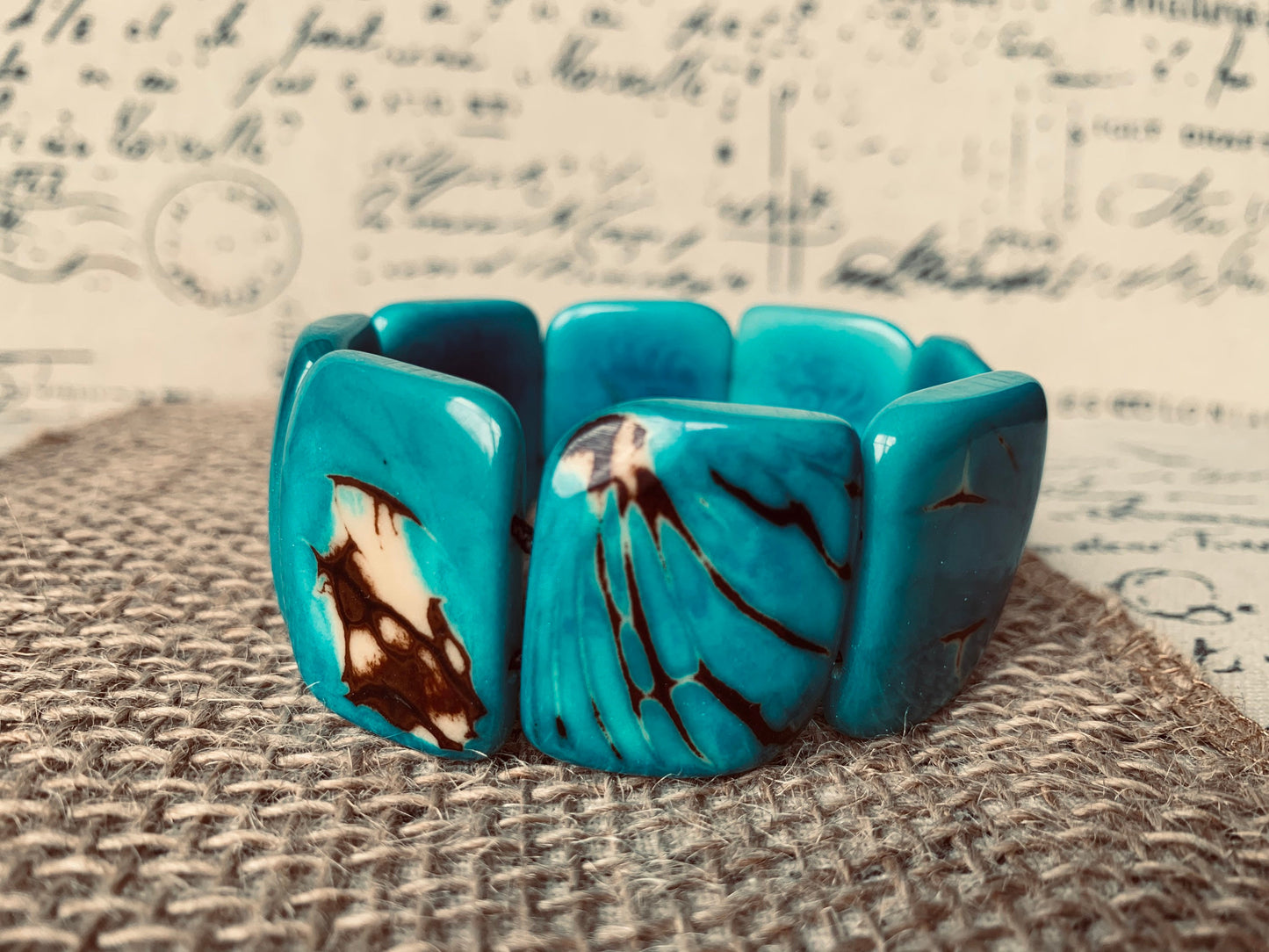Turquoise blue huge statement bracelet Tagua jewelry Beaded stretch bangle Cuff bracelets Oversized beads Fall fashion trends Gift for her