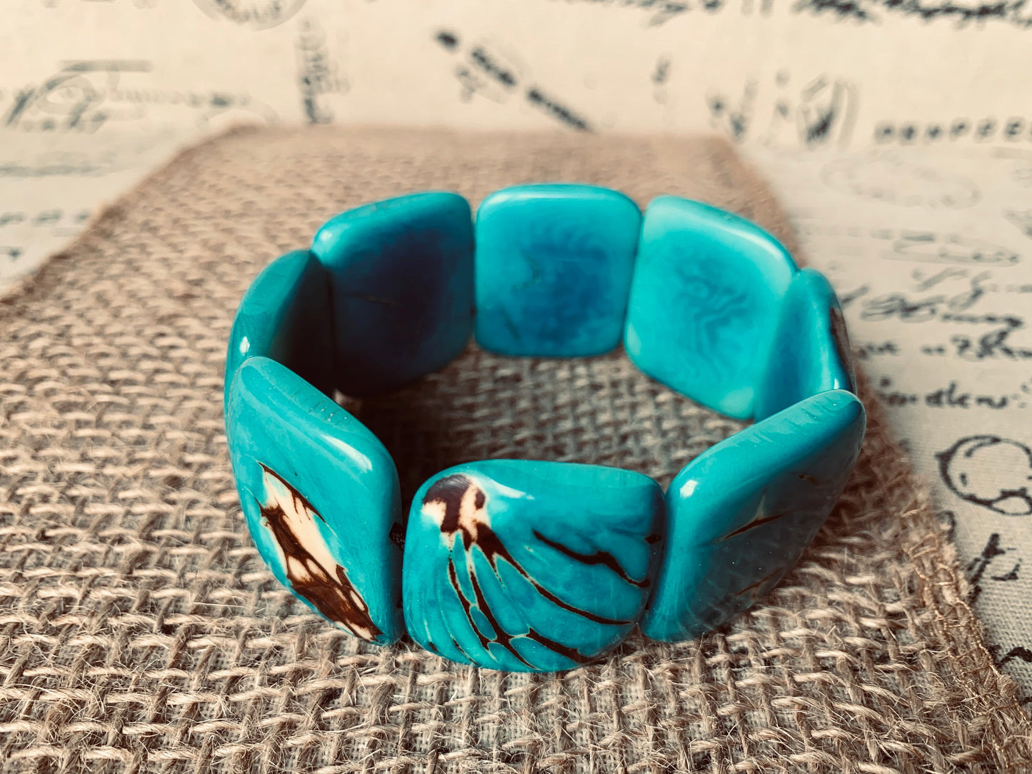 Turquoise blue huge statement bracelet Tagua jewelry Beaded stretch bangle Cuff bracelets Oversized beads Fall fashion trends Gift for her