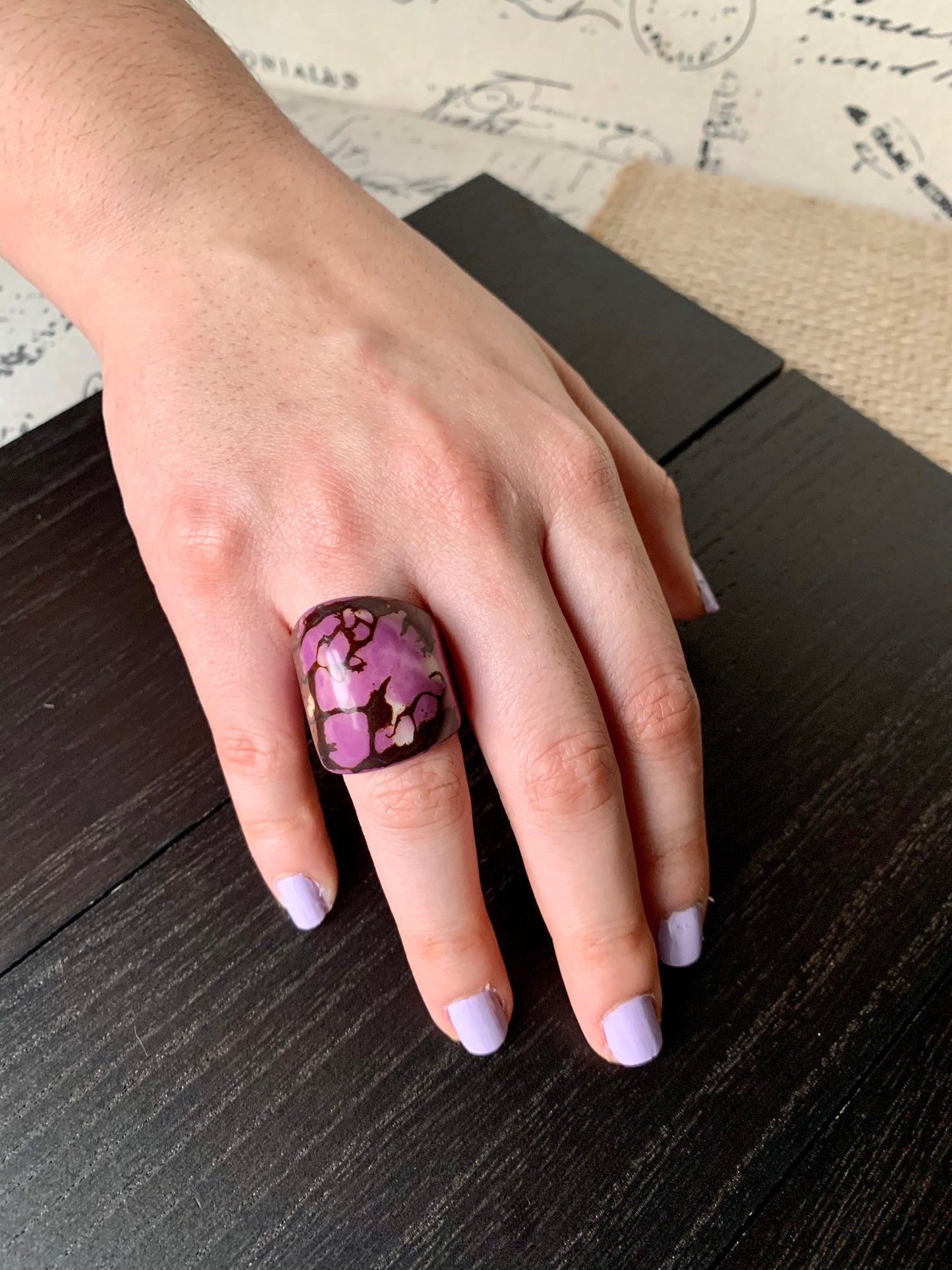 Lilac purple statement Tagua ring Unusual jewelry Cocktail rings Summer fashion Big bold chunky Oversized huge ring Beach trendy style