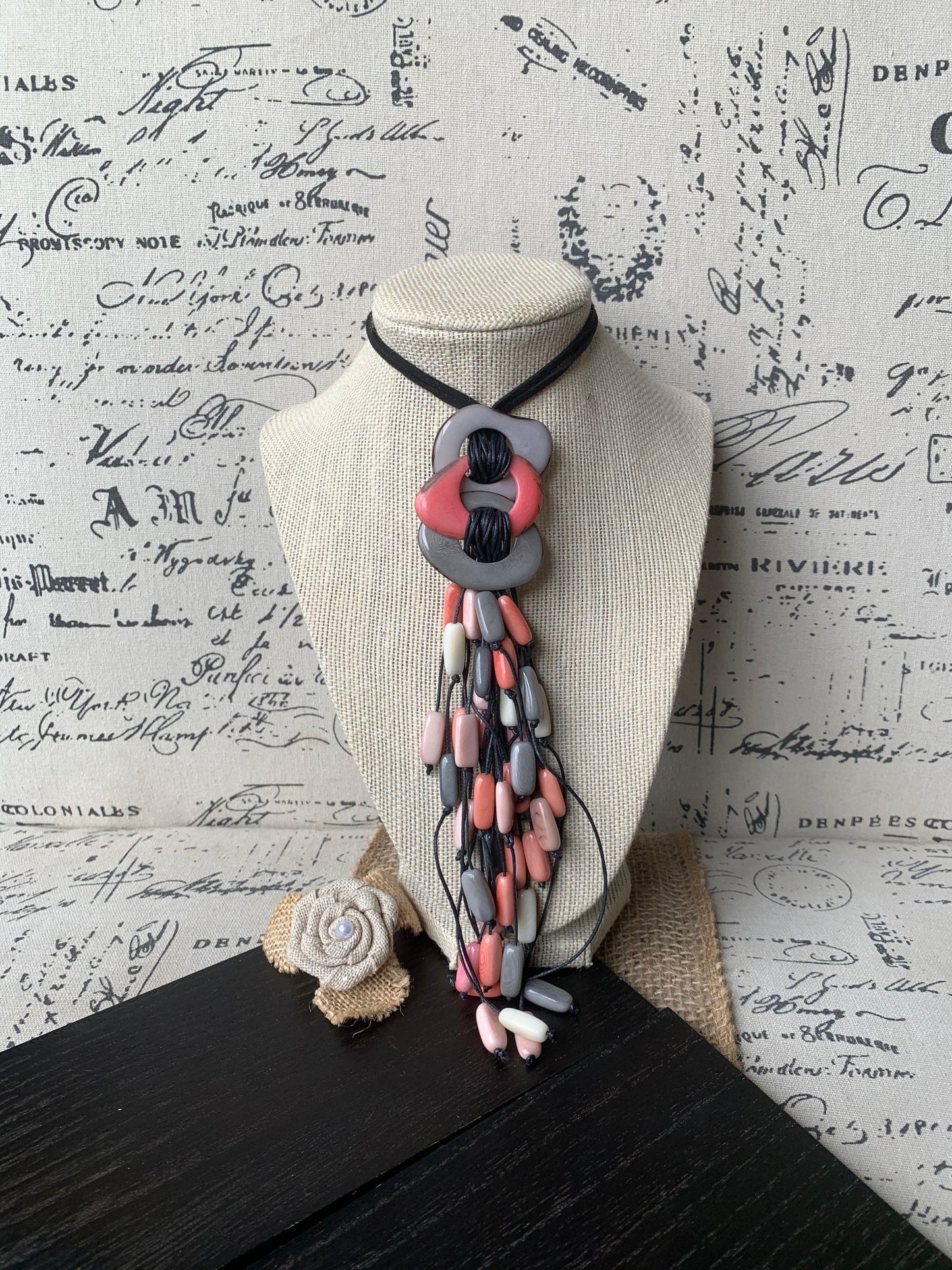 Pink peach gray statement necklace Tagua nut jewelry Macrame fringe necklace Boho jewelry Boho Extra long adjustable cord