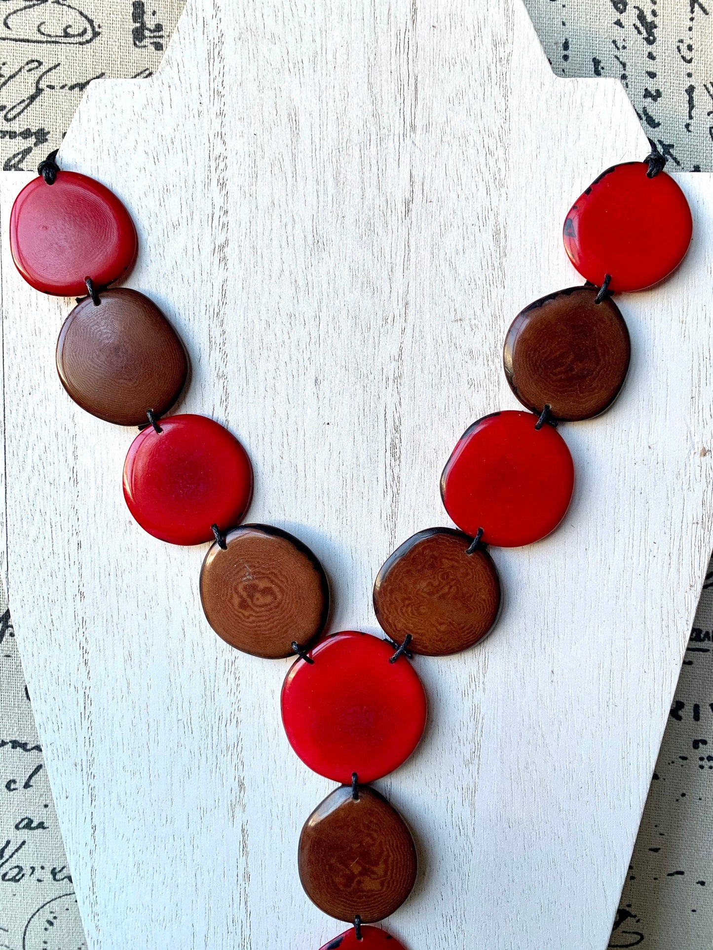 Red and brown statement necklace Tagua jewelry Adjustable cord Lightweight beaded necklace Wearable art Artisan handmade Fall fashion