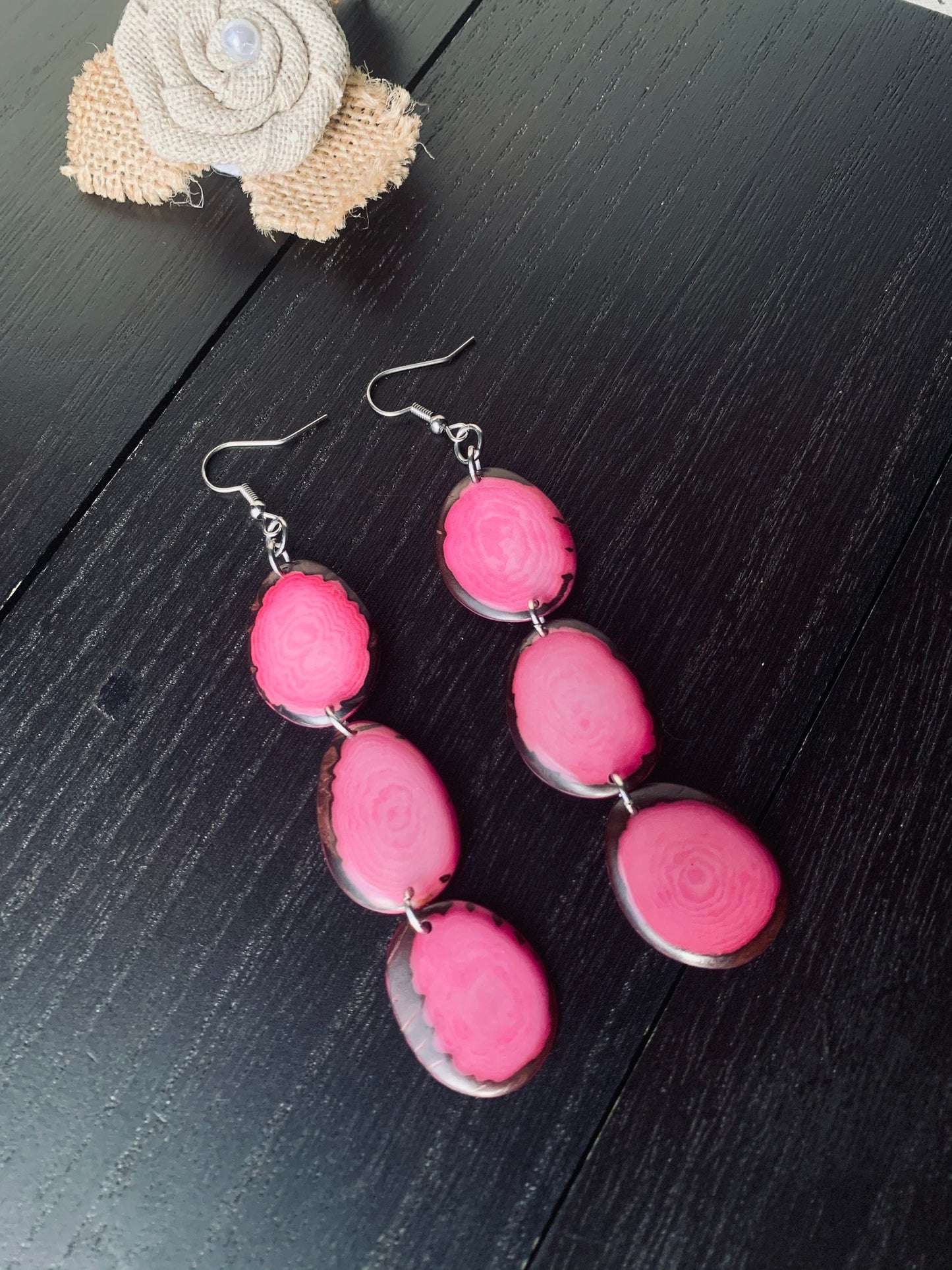 Pink cascade earrings Long beaded earrings Tagua jewelry Handmade statement earrings Mothers day gift Easter fashion accessories Art to wear