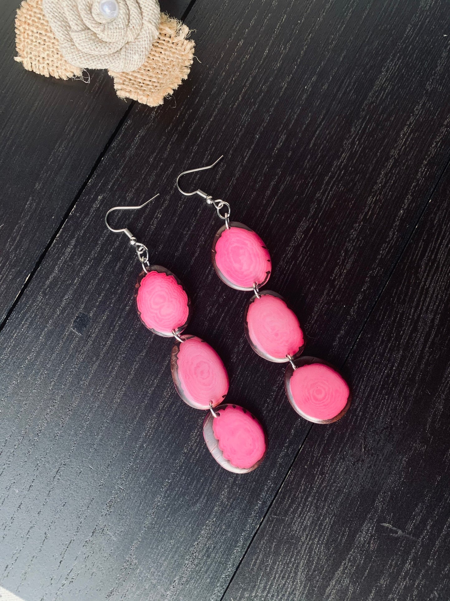Pink cascade earrings Long beaded earrings Tagua jewelry Handmade statement earrings Mothers day gift Easter fashion accessories Art to wear