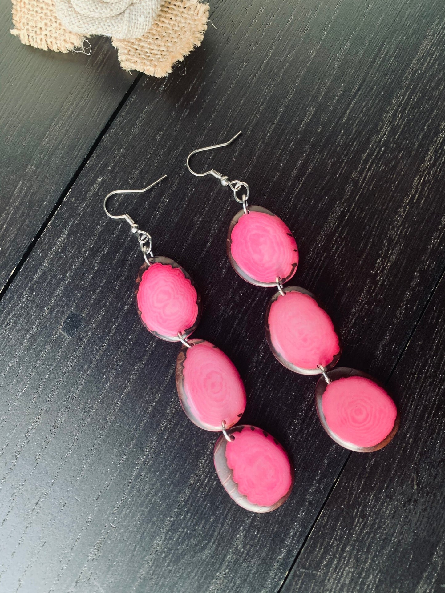Pink cascade earrings Long beaded earrings Tagua jewelry Handmade statement earrings Mothers day gift Easter fashion accessories Art to wear