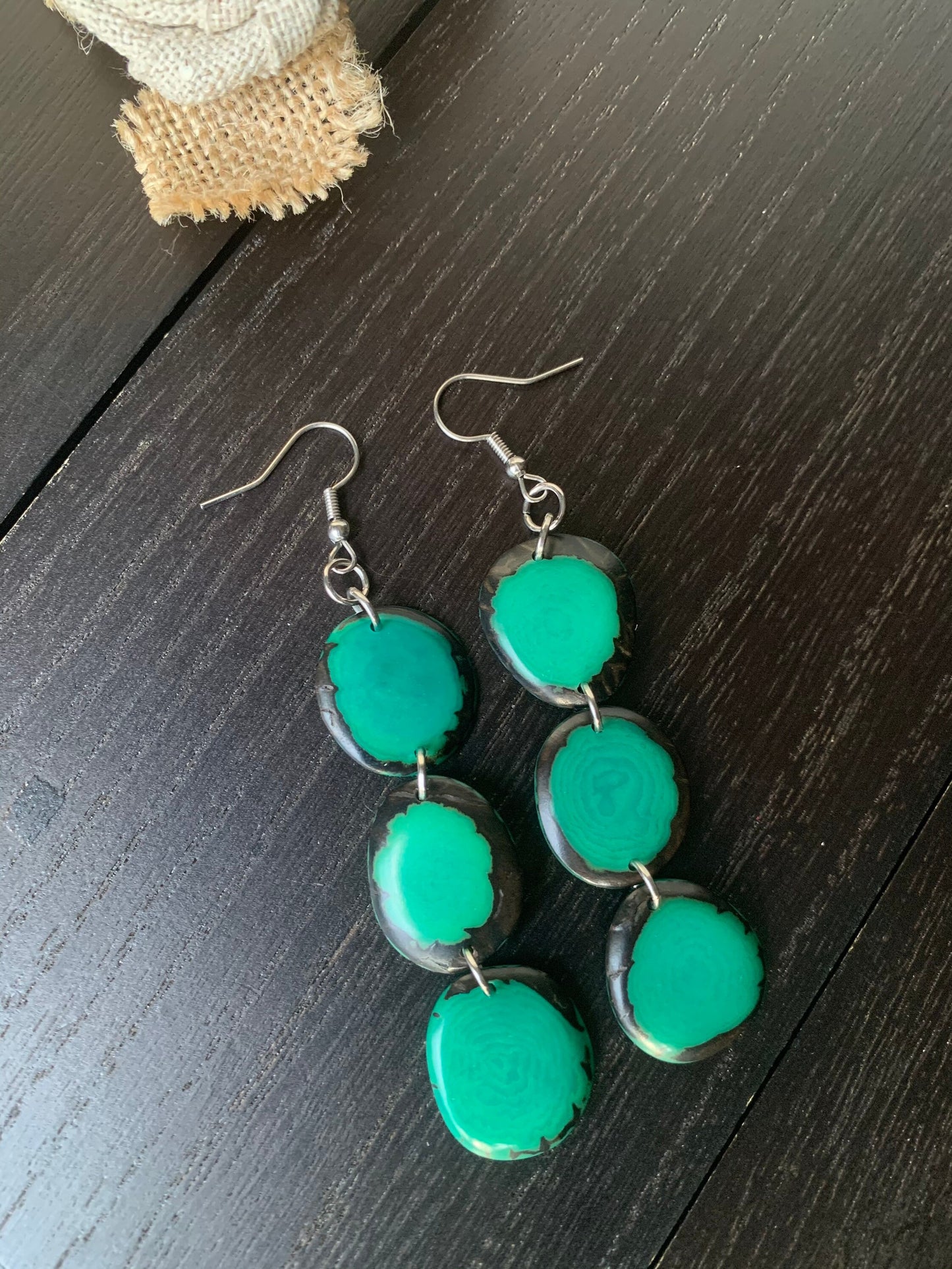 Green dangle earrings Tagua earrings Dangle and drop earrings Mothers day gifts Spring fashion trends Wearable art Waterfall earrings