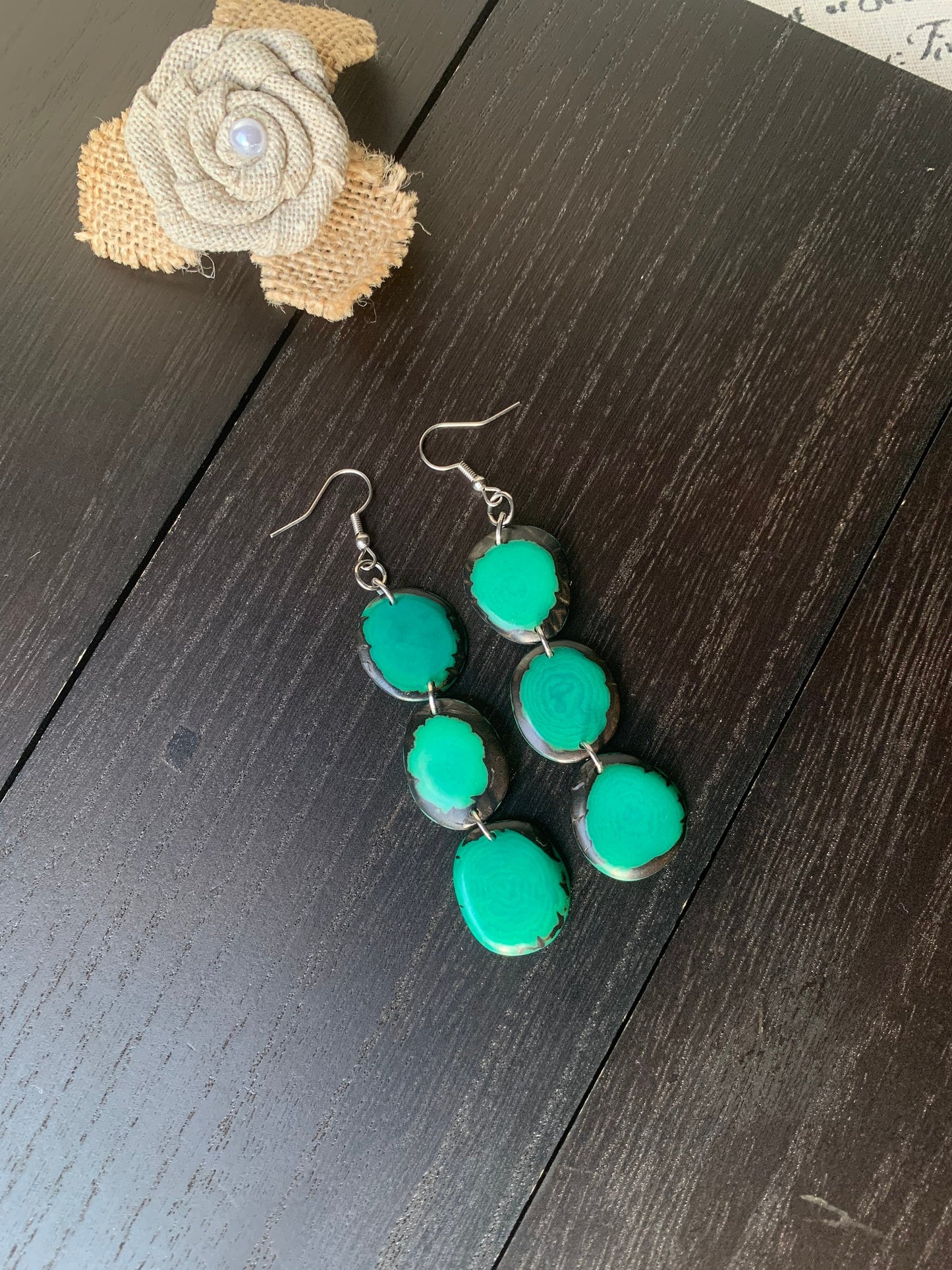 Green dangle earrings Tagua earrings Dangle and drop earrings Mothers day gifts Spring fashion trends Wearable art Waterfall earrings