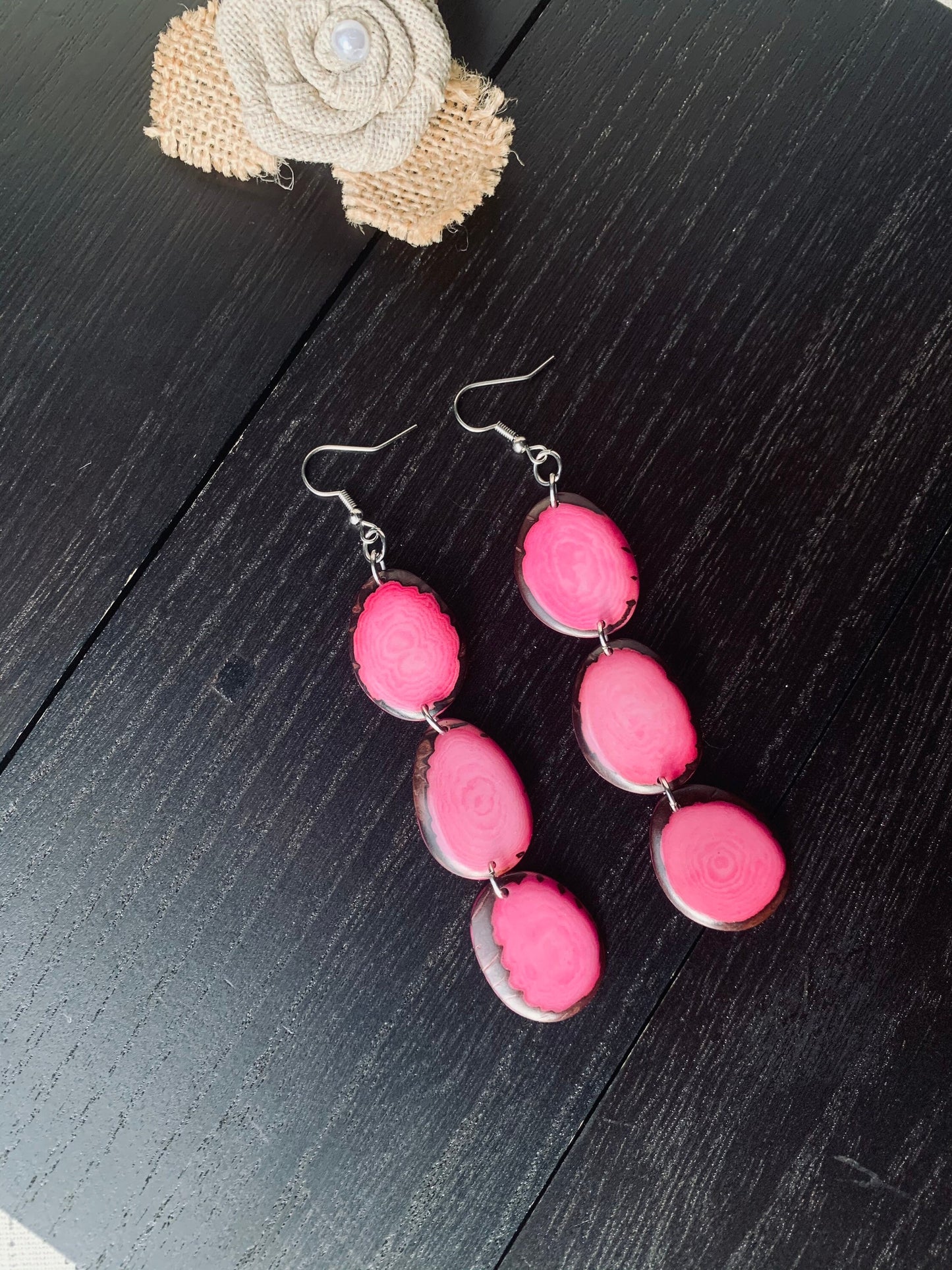 Pink cascade earrings Long beaded earrings Tagua jewelry Handmade statement earrings Mothers day gift Easter fashion accessories Art to wear