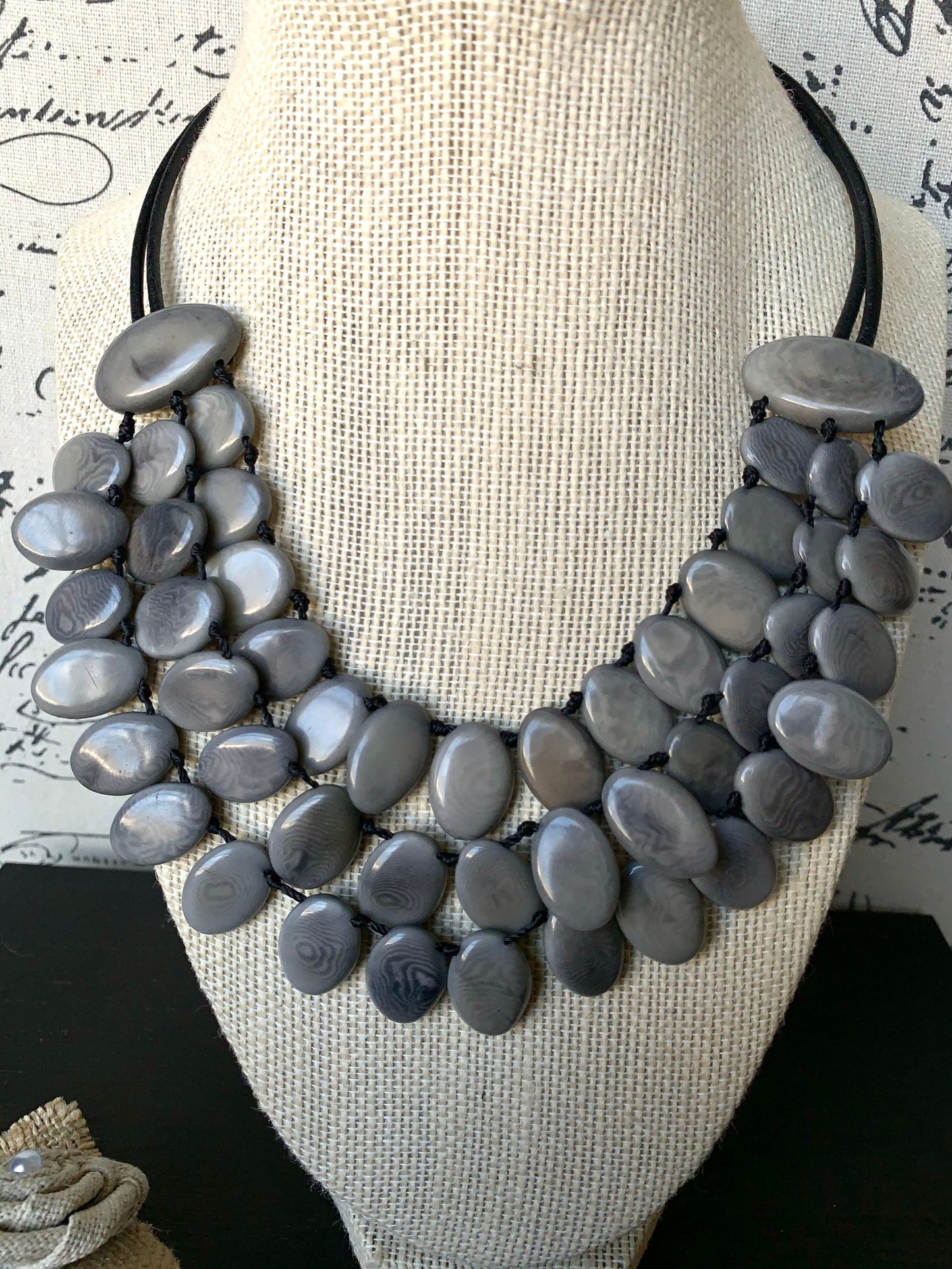 Gray statement necklace Tagua jewelry Mothers day gifts Big bold necklaces Spring fashion Wearable art Multi layer necklace Artsy gifts