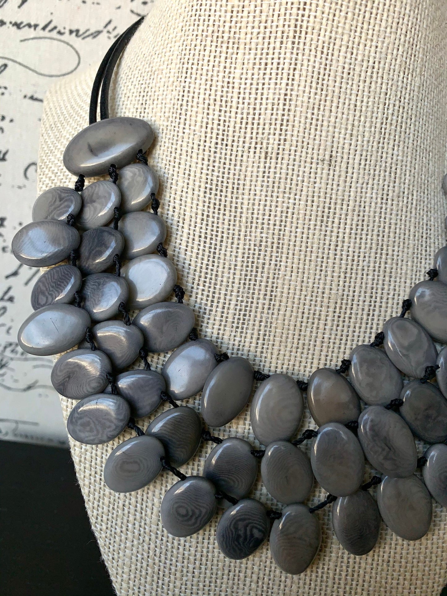 Gray statement necklace Tagua jewelry Fall fashion 2025s Big bold necklaces Fall fashion Wearable art Multi layer necklace Artsy gifts