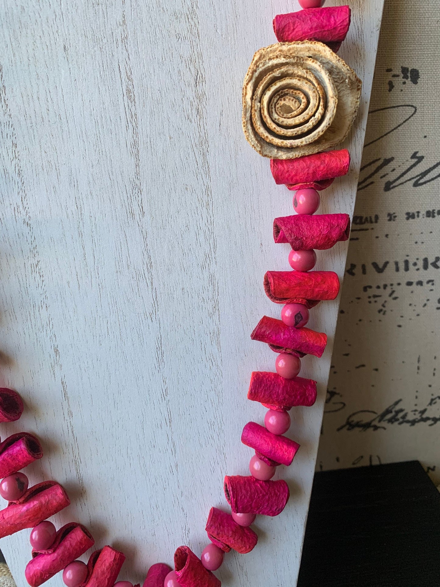 Pink flower necklace Adjustable cord Tagua necklace Handmade statement necklace Big bold chunky necklace made with orange peel Artsy gifts
