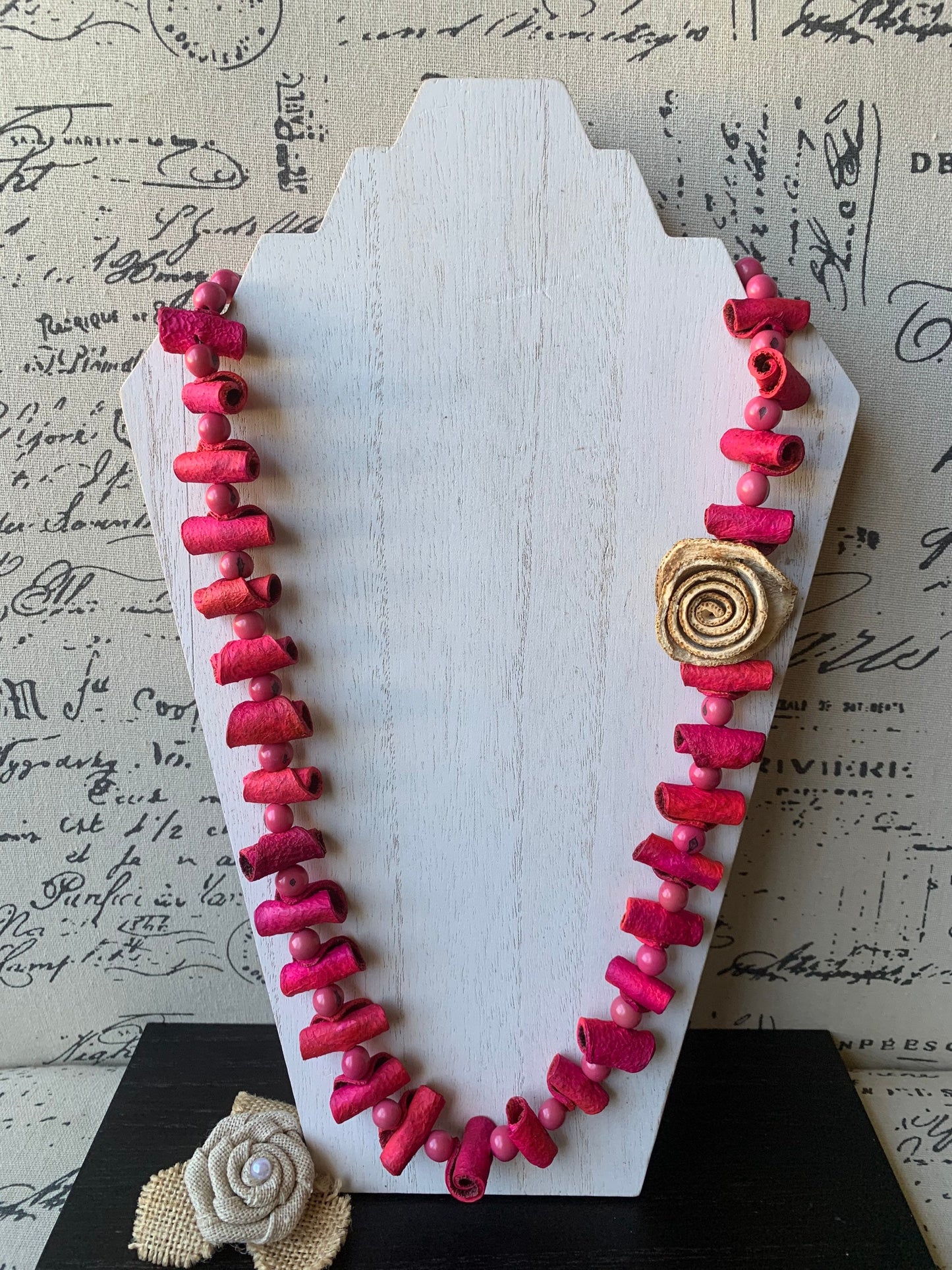 Pink flower necklace Adjustable cord Tagua necklace Handmade statement necklace Big bold chunky necklace made with orange peel Artsy gifts