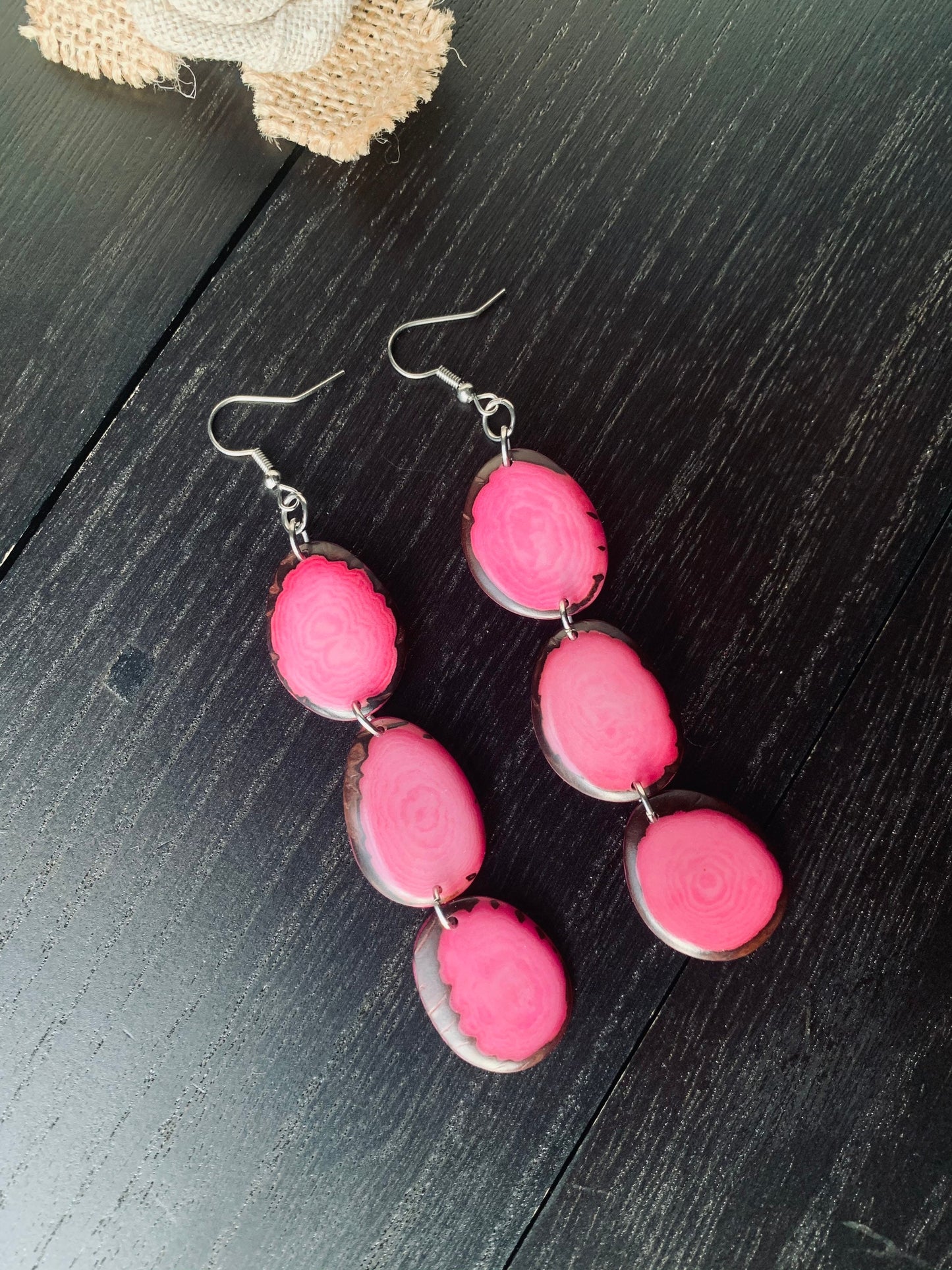 Pink cascade earrings Long beaded earrings Tagua jewelry Handmade statement earrings Mothers day gift Easter fashion accessories Art to wear