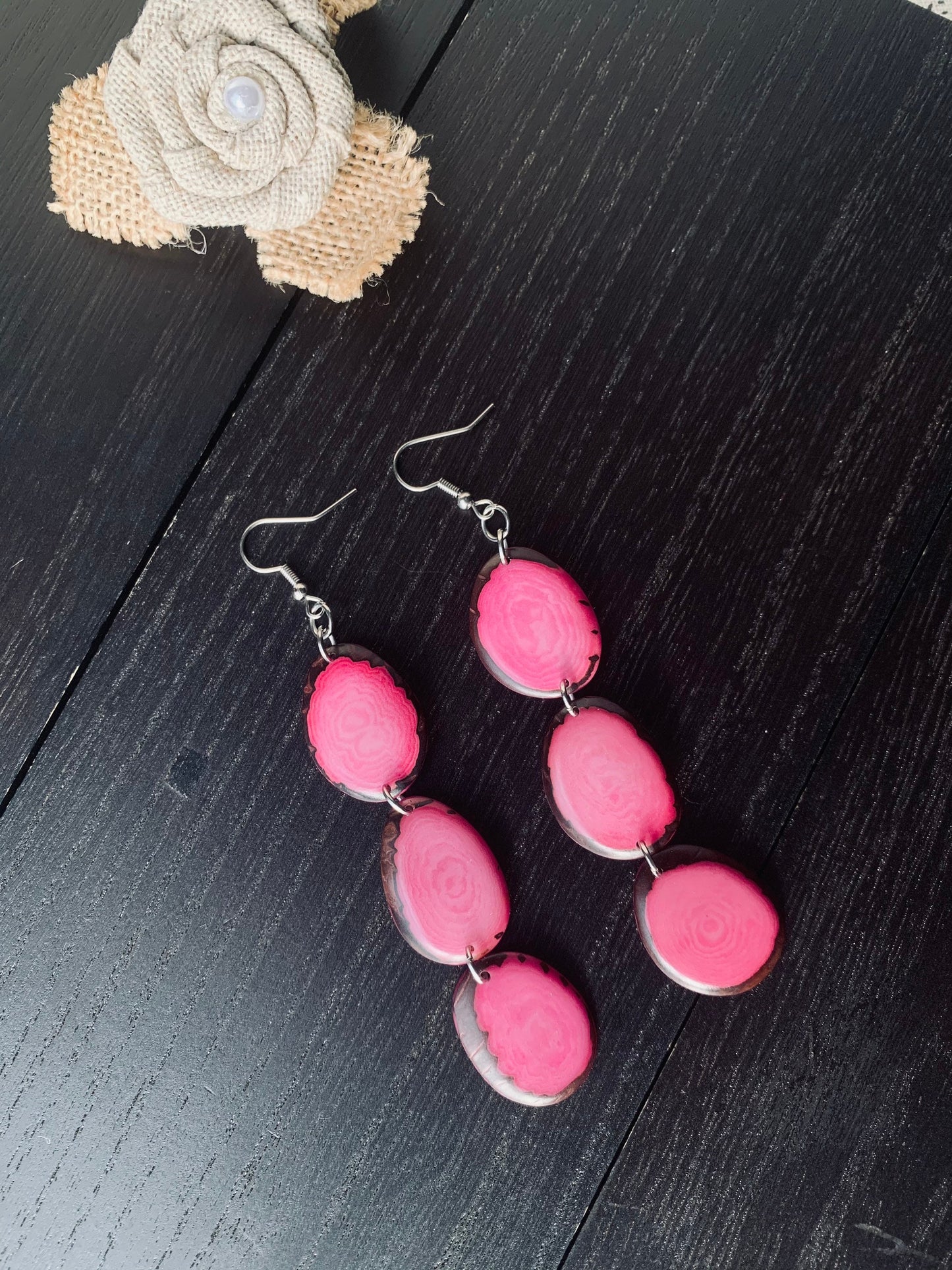 Pink cascade earrings Long beaded earrings Tagua jewelry Handmade statement earrings Mothers day gift Easter fashion accessories Art to wear