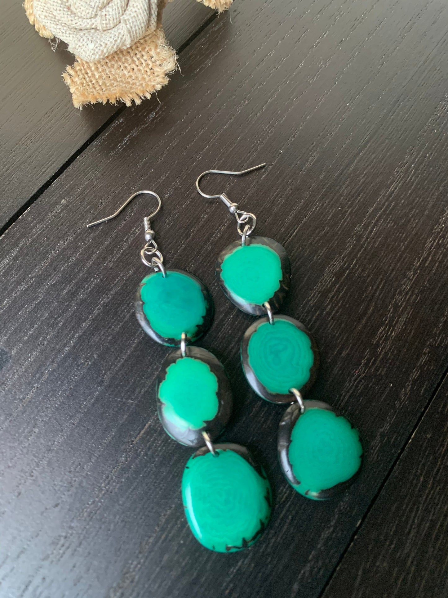 Green dangle earrings Tagua earrings Dangle and drop earrings Mothers day gifts Spring fashion trends Wearable art Waterfall earrings