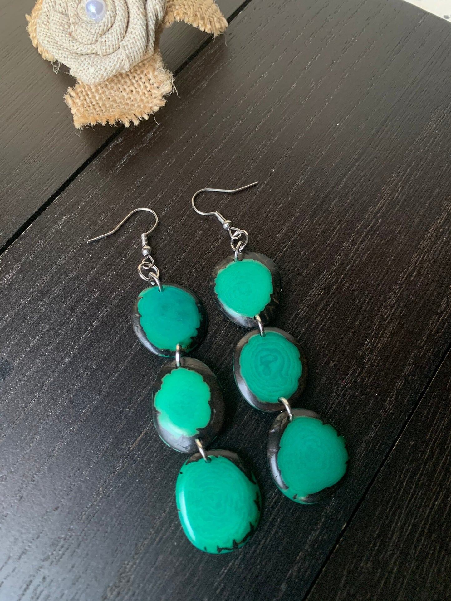 Green dangle earrings Tagua earrings Dangle and drop earrings Mothers day gifts Spring fashion trends Wearable art Waterfall earrings
