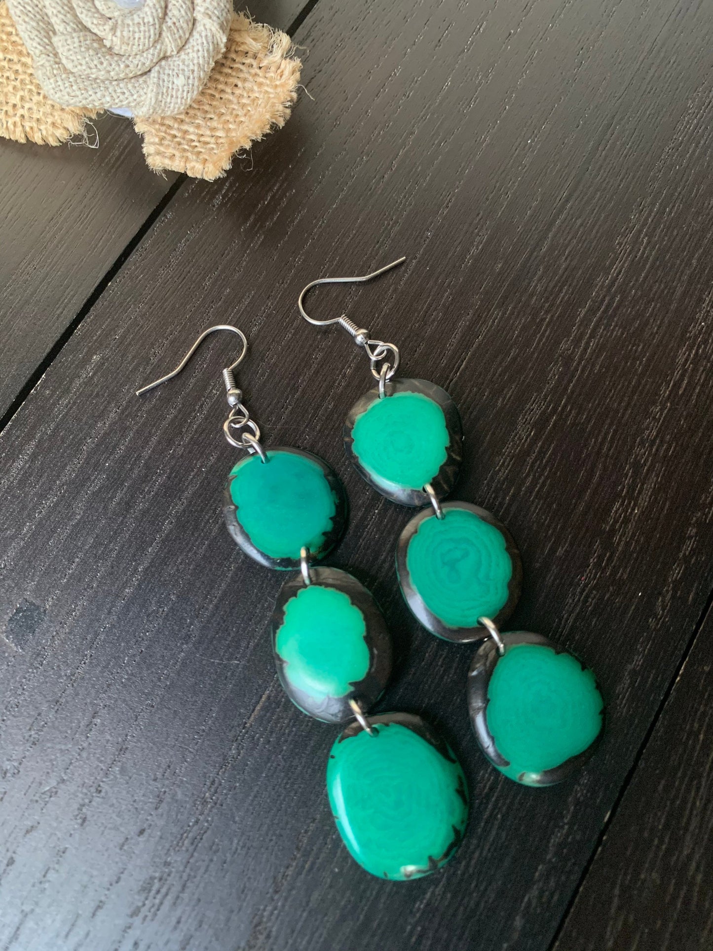 Green dangle earrings Tagua earrings Dangle and drop earrings Mothers day gifts Spring fashion trends Wearable art Waterfall earrings