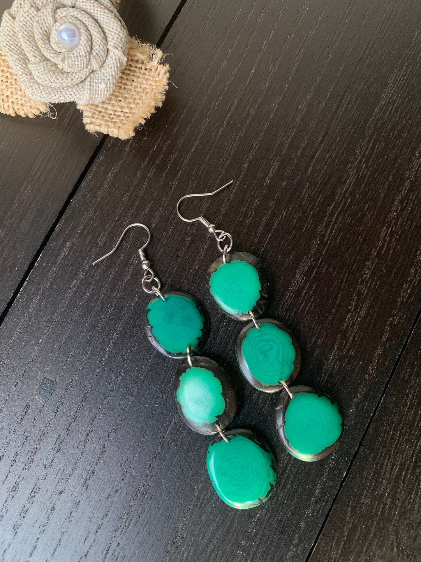 Green dangle earrings Tagua earrings Dangle and drop earrings Mothers day gifts Spring fashion trends Wearable art Waterfall earrings