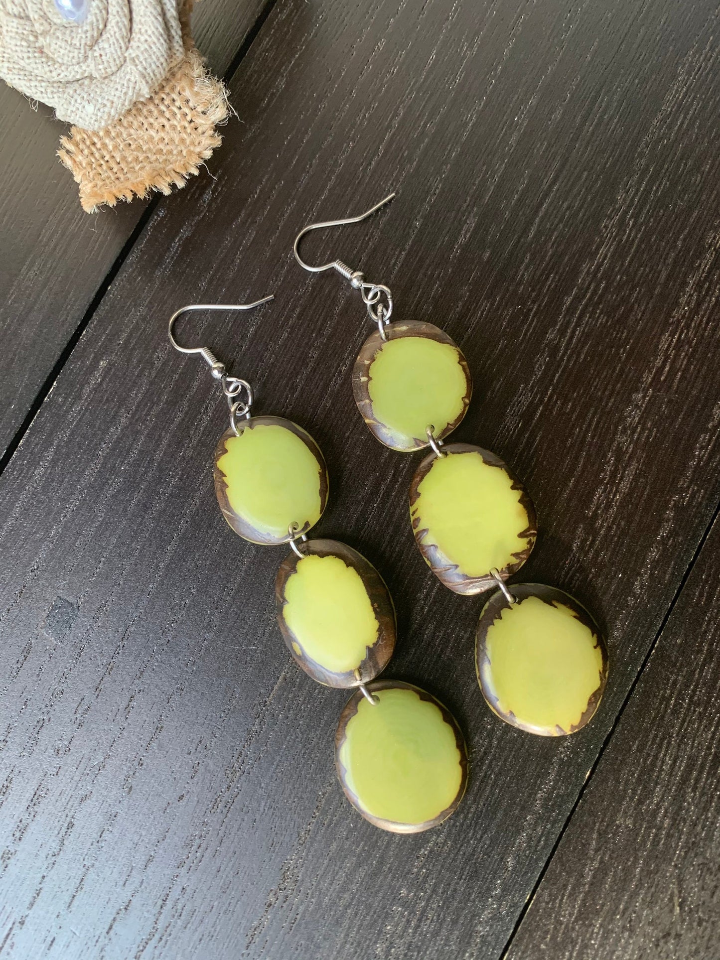 Apple green beaded earrings Long dangly earrings Tagua jewelry Artsy gifts Waterfall earrings Wearable art Statement dangle drop earrings