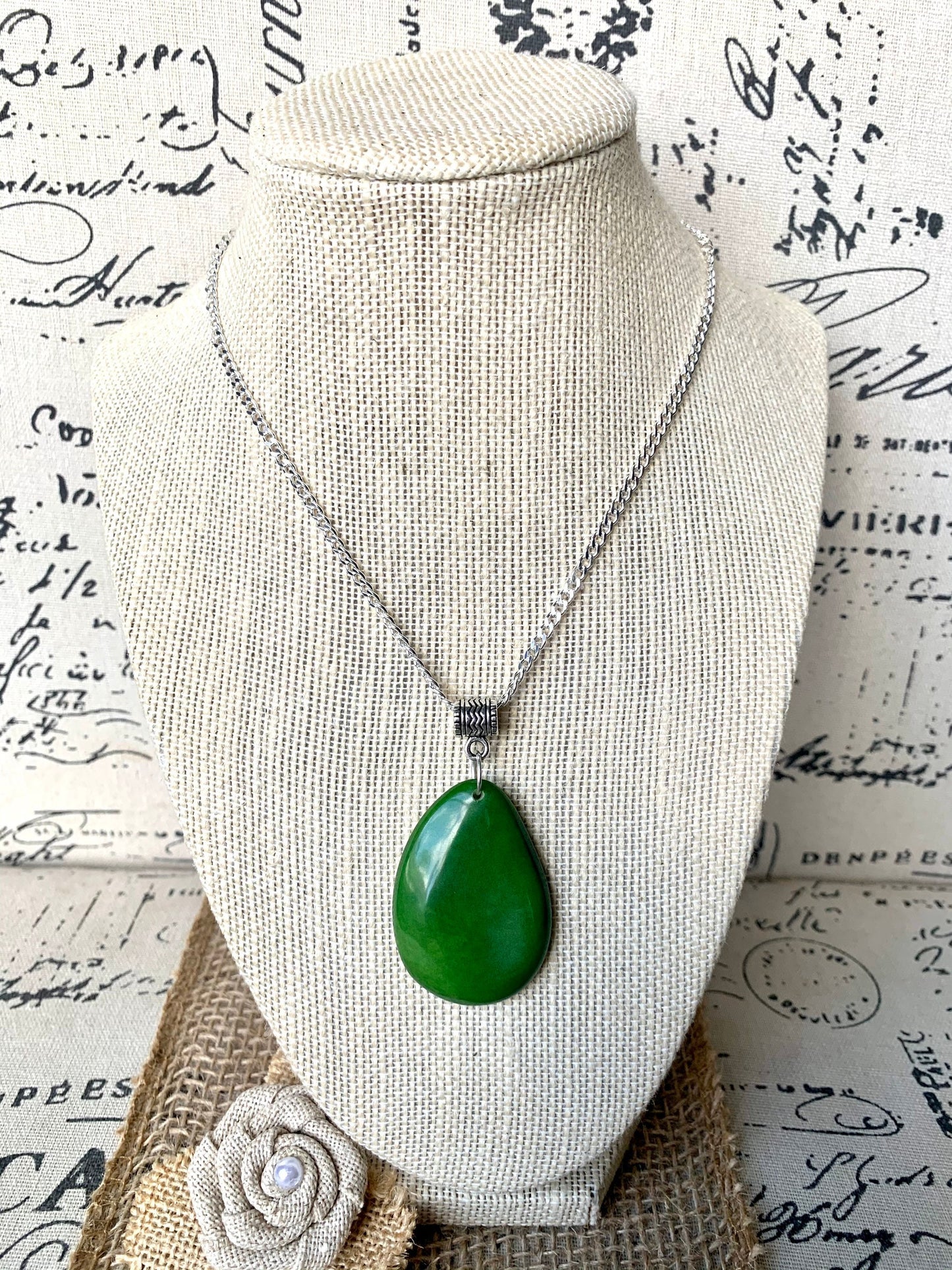 Green Tagua pendant Fashion jewelry Handmade beaded pendant NO chain Gifts under 10 Fall fashion trends Art to wear Boho style