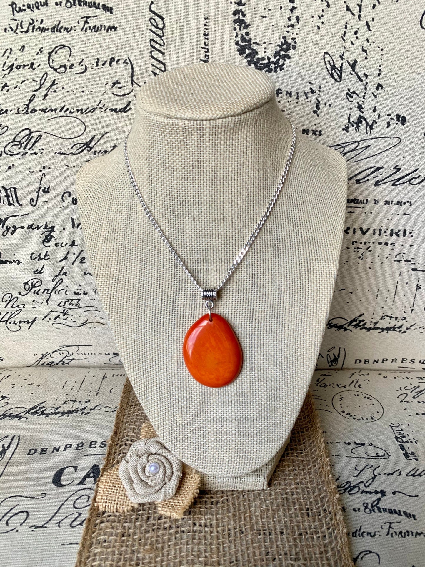 Orange beaded pendant Tagua jewelry Fall fashion Statement handmade pendant NO chain Artsy gifts Wearable art Beach trends Cruise wear