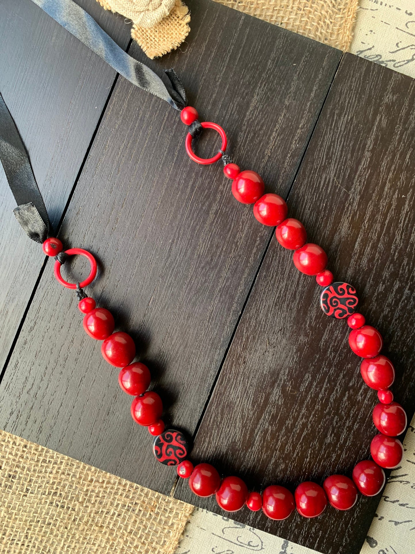 Red statement necklace Bubblegum beads necklace Wearable art Tagua necklace Fall fashion 2025s Big bold necklaces Art to wear Fall fashion