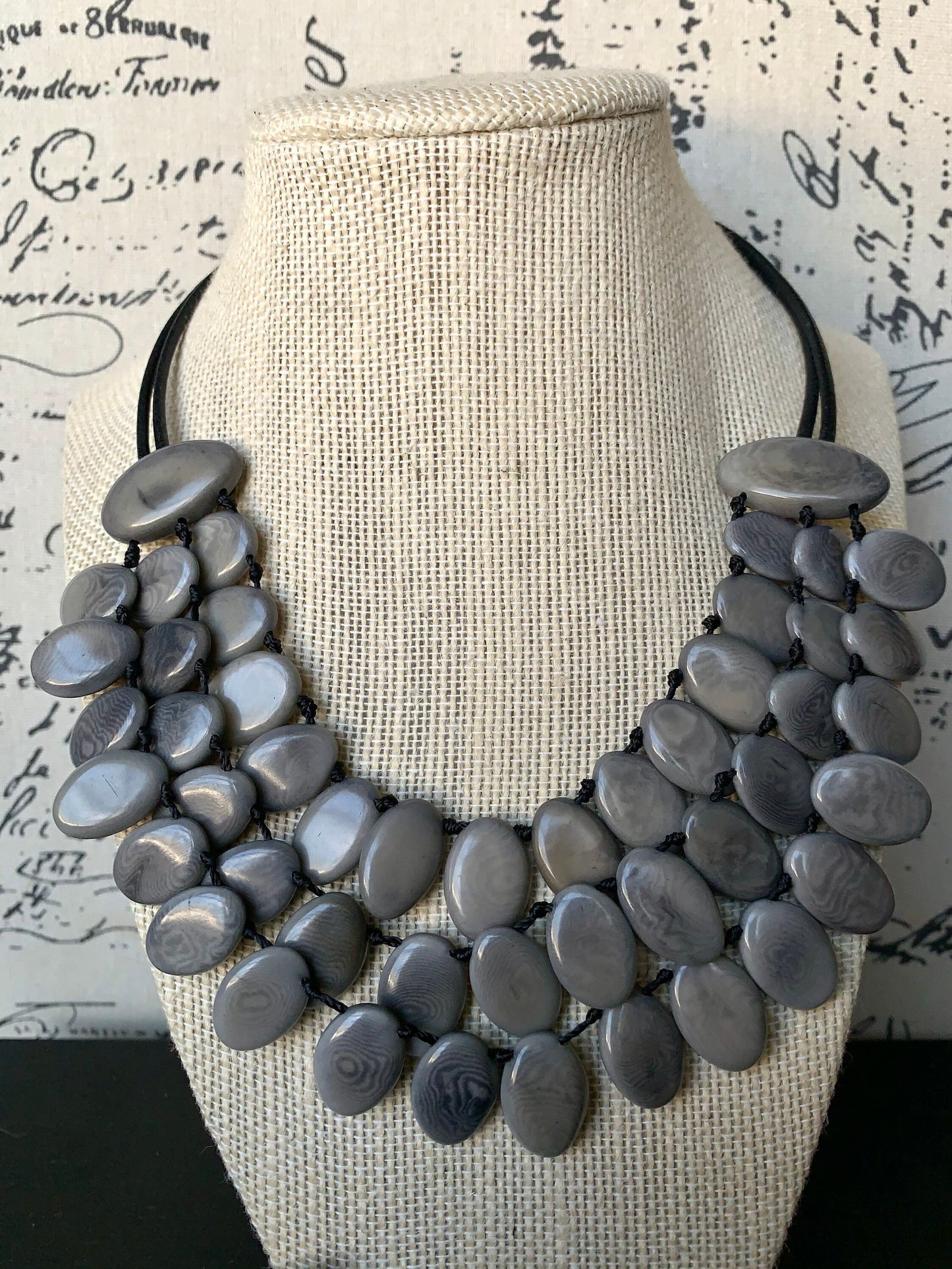 Gray statement necklace Tagua jewelry Mothers day gifts Big bold necklaces Spring fashion Wearable art Multi layer necklace Artsy gifts