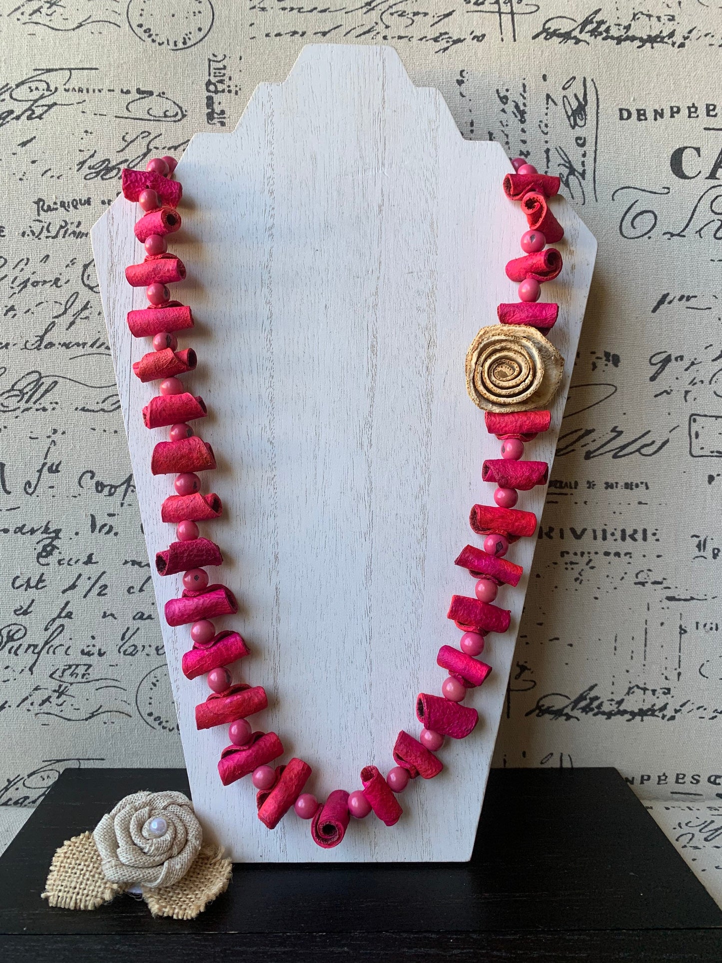 Pink flower necklace Adjustable cord Tagua necklace Handmade statement necklace Big bold chunky necklace made with orange peel Artsy gifts