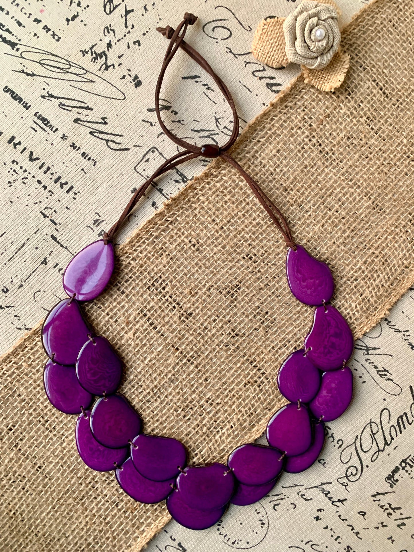 Purple statement necklace Tagua jewelry Big bold necklaces Adjustable cord Double strand necklace Wearable art Summer fashion Artsy gifts