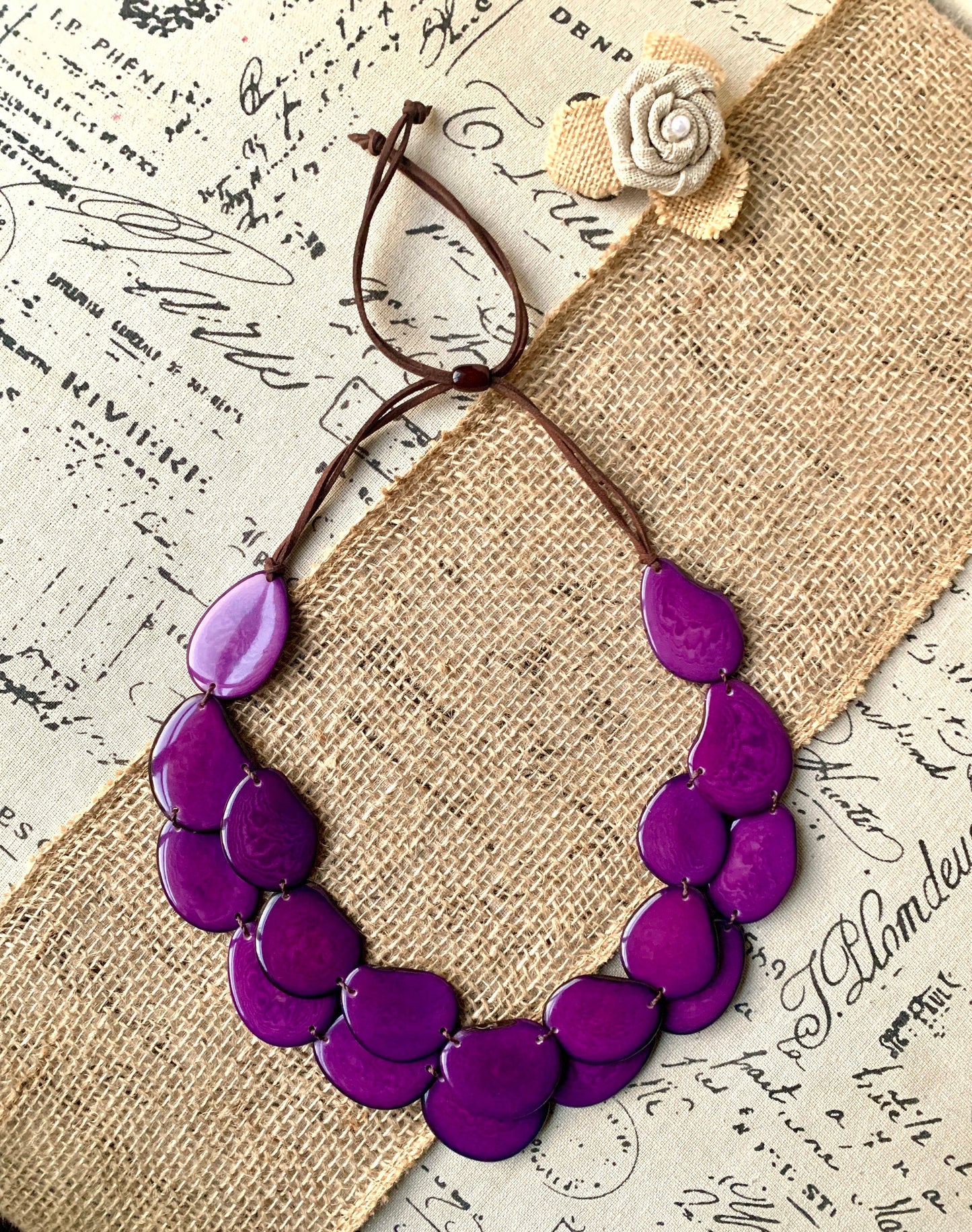 Purple statement necklace Tagua jewelry Big bold necklaces Adjustable cord Double strand necklace Wearable art Summer fashion Artsy gifts