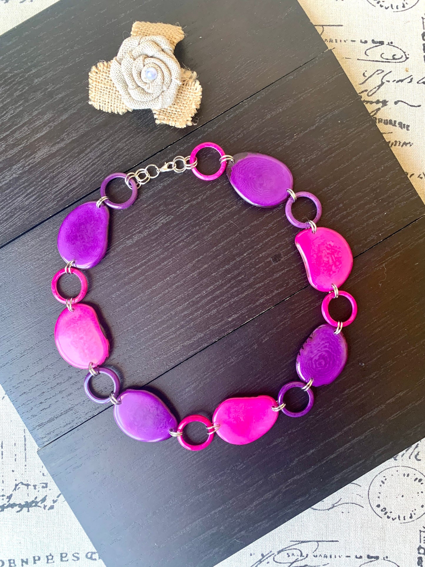 Pink and purple necklace Tagua jewelry Statement lightweight jewelry Short necklace Art to wear Fall fashion 2025s Sustainable fashion