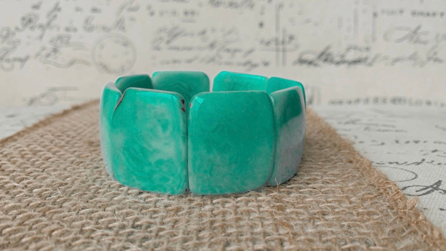 Turquoise green bracelet Tagua nut jewelry Wide cuff bangle Fall jewelry Art to wear Statement beaded bracelet Fall fashion 2025s