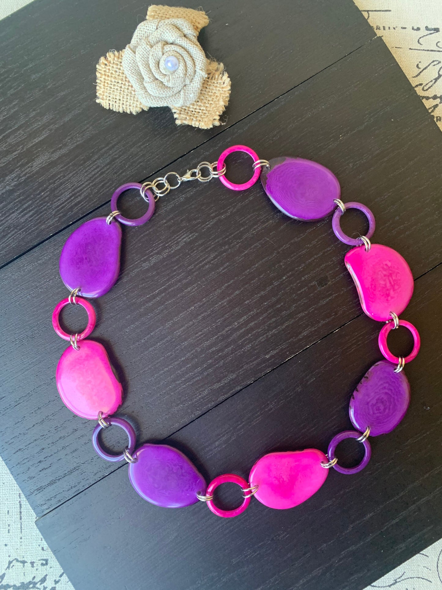 Pink and purple necklace Tagua jewelry Statement lightweight jewelry Short necklace Art to wear Mothers day gifts Sustainable fashion