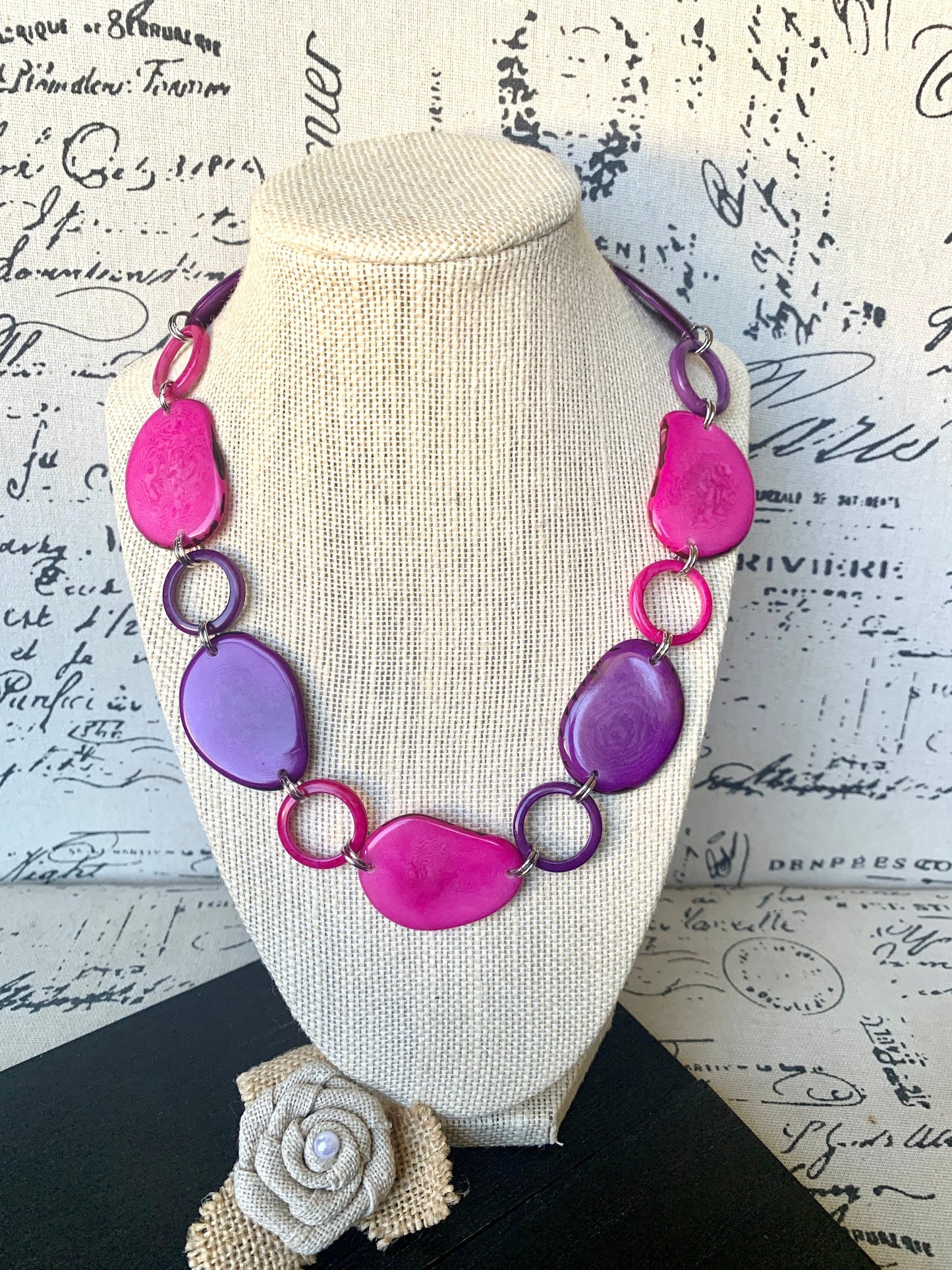Pink and purple necklace Tagua jewelry Statement lightweight jewelry Short necklace Art to wear Mothers day gifts Sustainable fashion