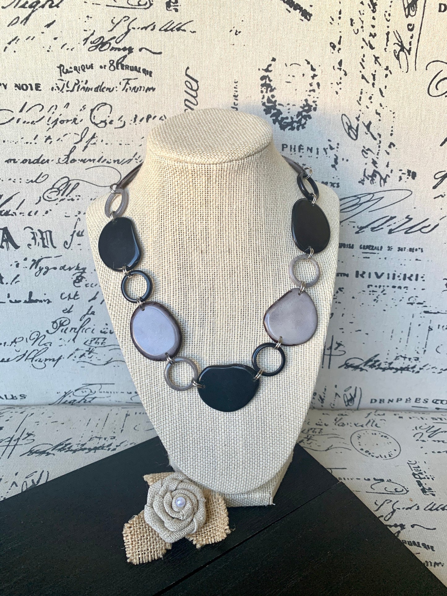 Black and gray necklace Tagua jewelry Statement jewelry Artsy gifts Art to wear Beaded chocker Fall fashion 2025s Statement handmade bib
