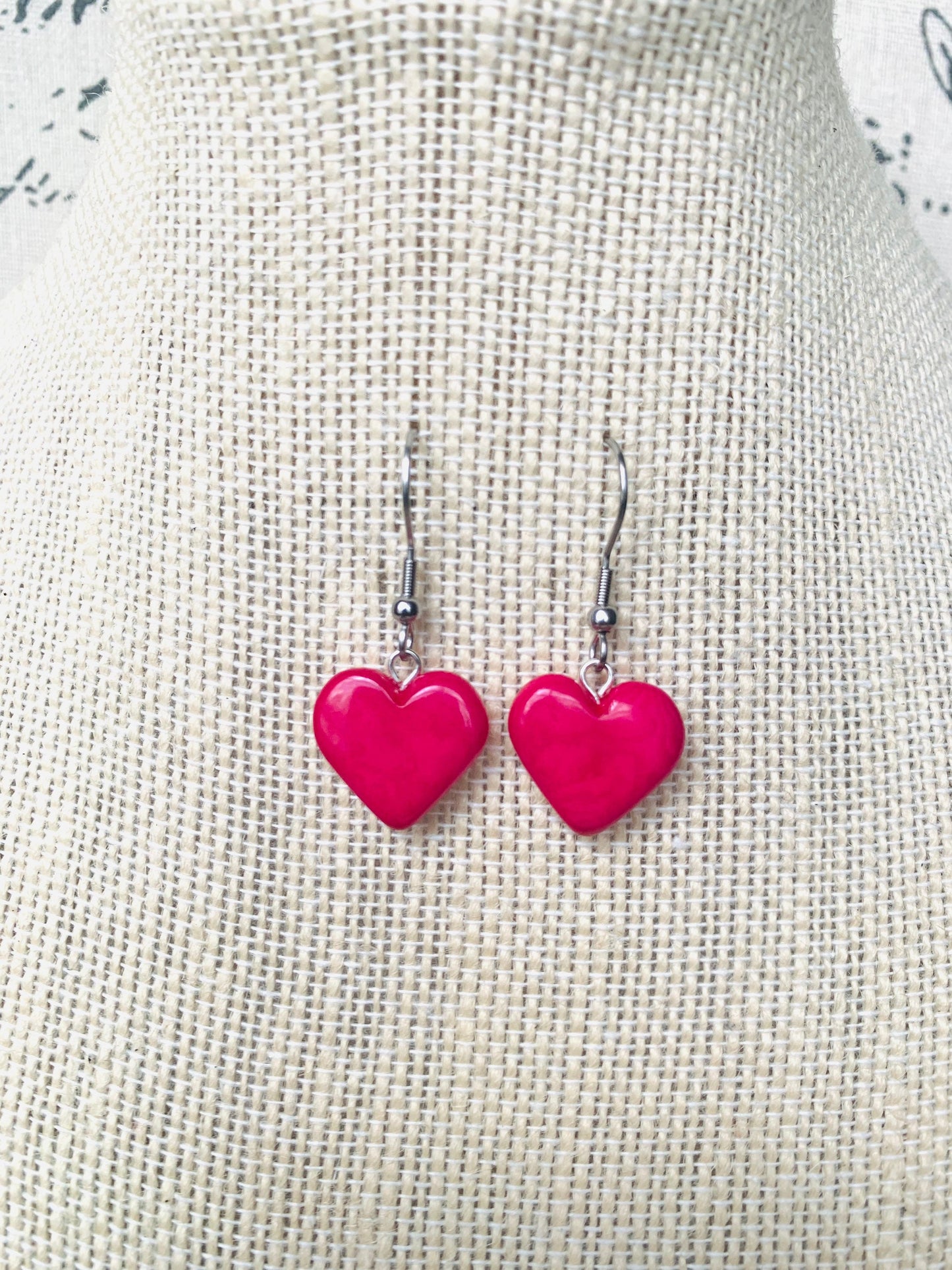 Hot pink heart earrings Mothers day gifts Love earrings Handmade heart shaped earrings Wearable art Dangle and drop earrings Artsy gifts