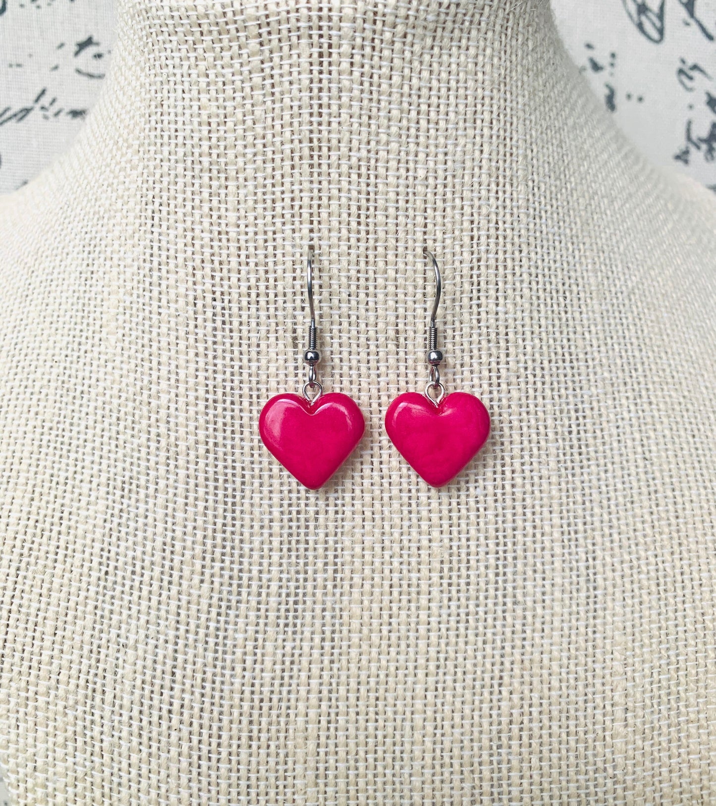 Hot pink heart earrings Mothers day gifts Love earrings Handmade heart shaped earrings Wearable art Dangle and drop earrings Artsy gifts