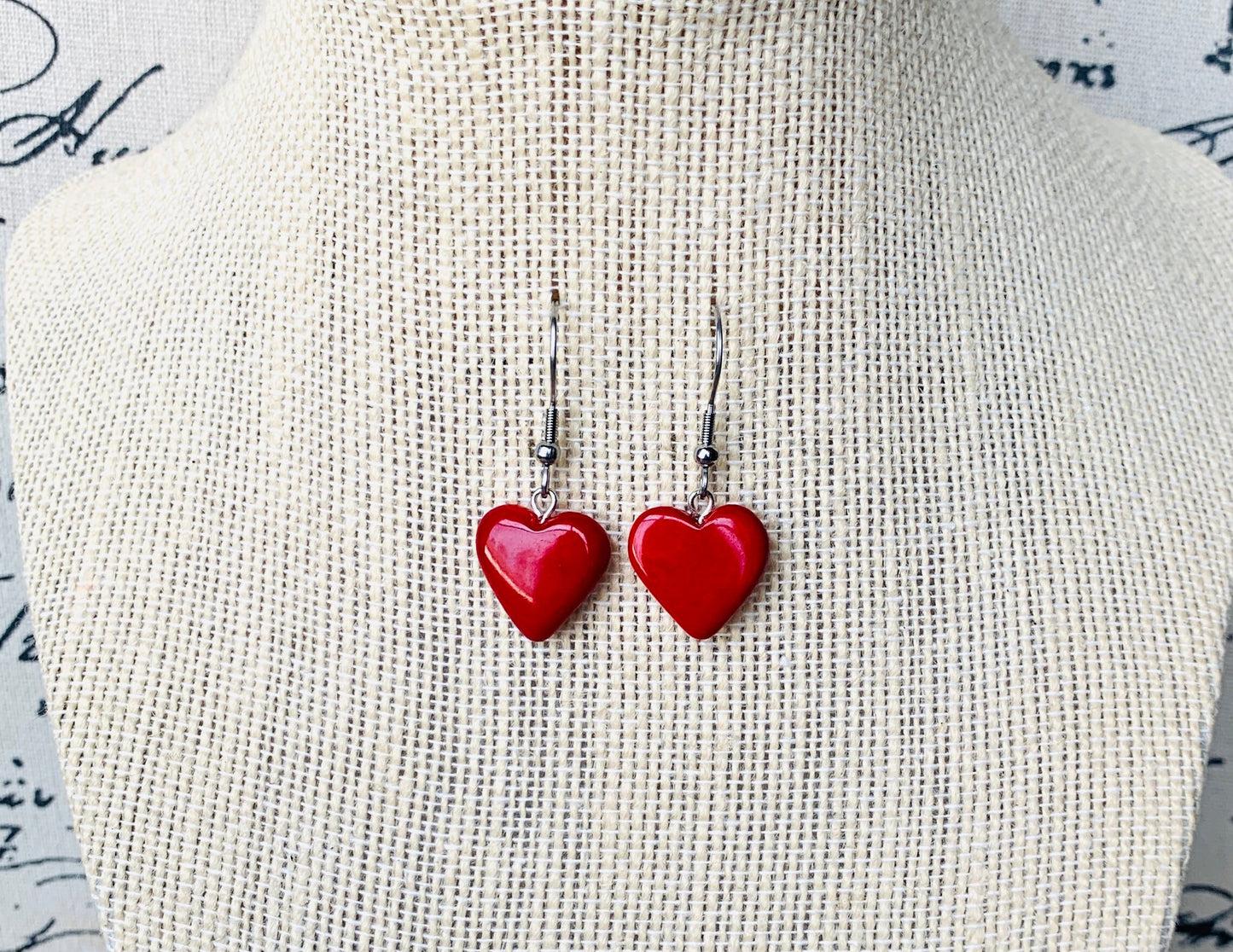 Red dangle earrings Heart shape earrings Fall fashion Tagua jewelry Anniversary gift for her Wearable art For beach Hypoallergenic drops