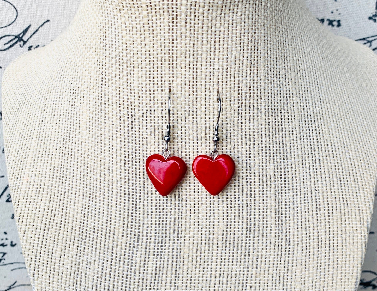 Red dangle earrings Heart shape earrings Fall fashion Tagua jewelry Anniversary gift for her Wearable art For beach Hypoallergenic drops